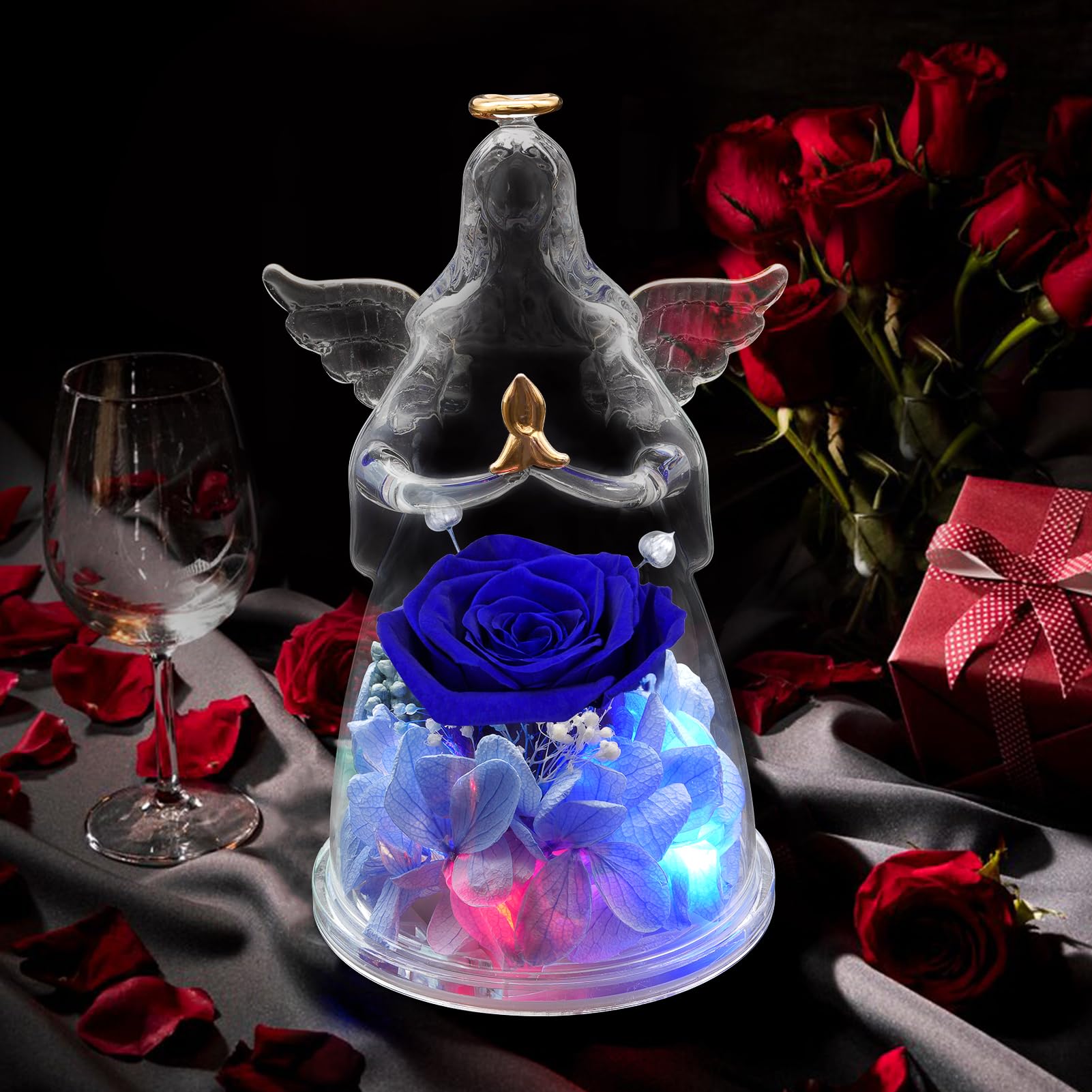 Childom Preserved Blue Rose in Glass Angel - Unique Valentine's Day, Birthday & Anniversary Gifts for Women, Wife & Mom | Romantic Home Decor & Special Occasion Present