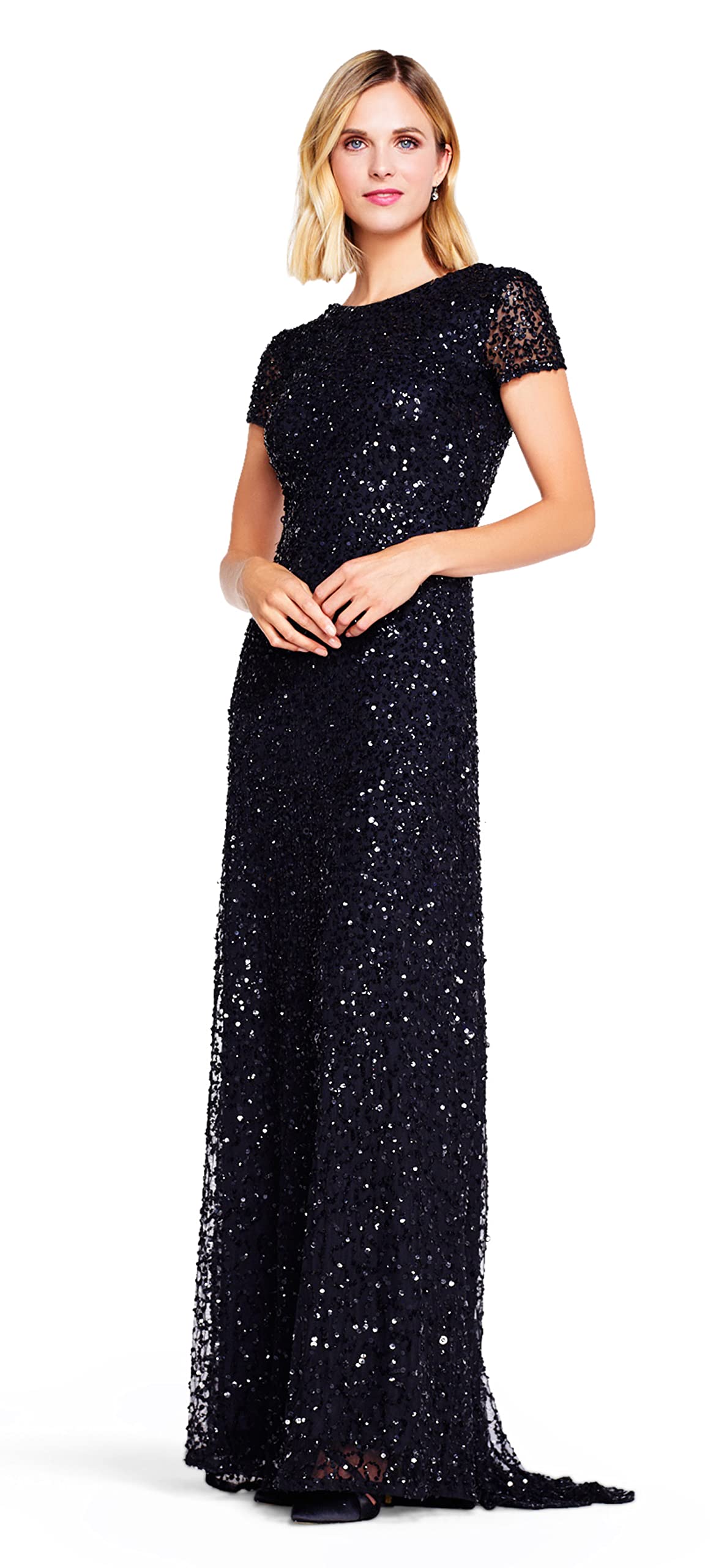 Adrianna Papell Women's Short-Sleeve Sequin Evening Gown - Sparkly Party Dress for Prom, Cocktail, Wedding & Special Occasions