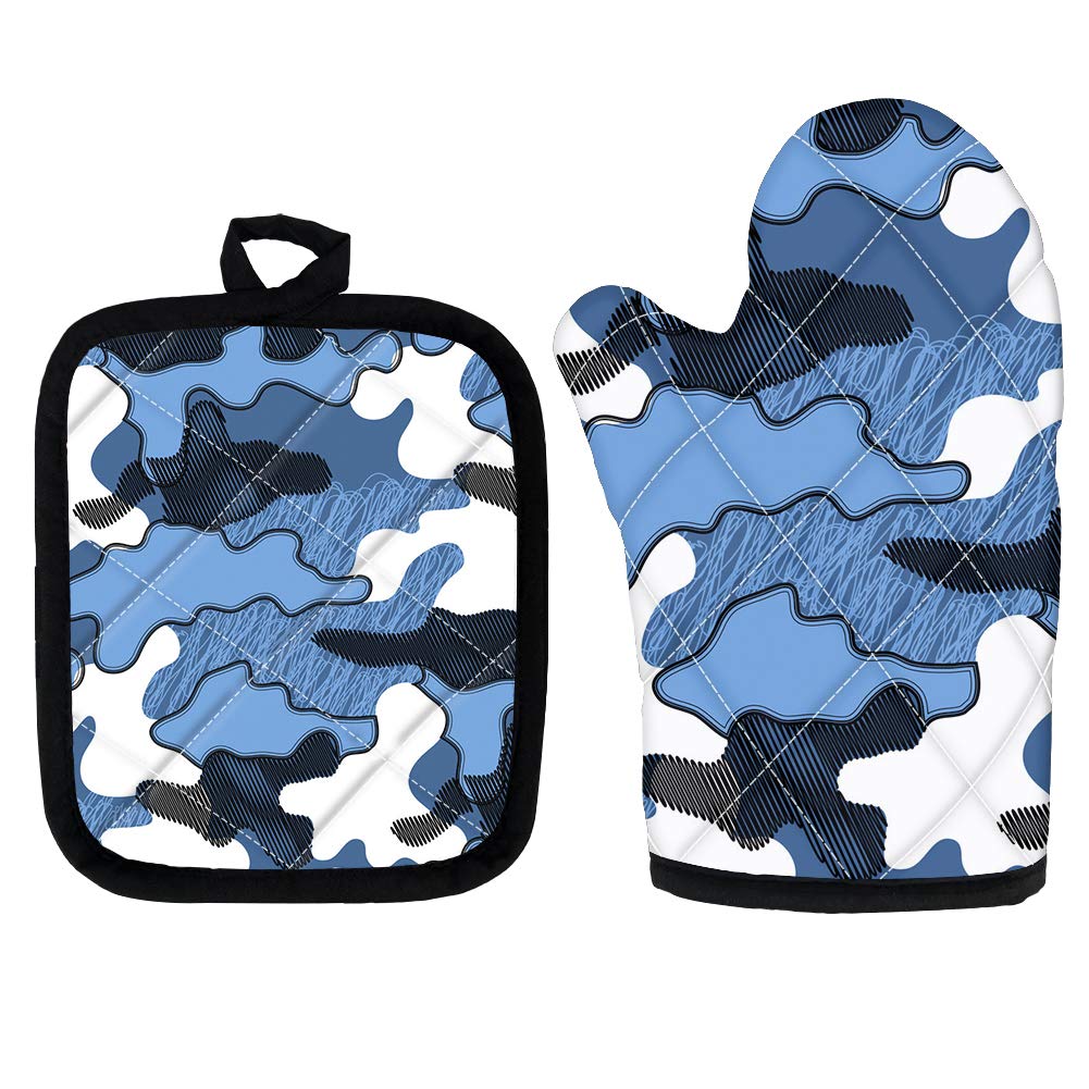 Heat Resistant Blue Camo Oven Mitts and Pot Holders Set - Non-Slip Food Grade Kitchen Gloves for Cooking, Baking & BBQ | Perfect for Grilling, Baking Cookies & Handling Hot Pans Safely