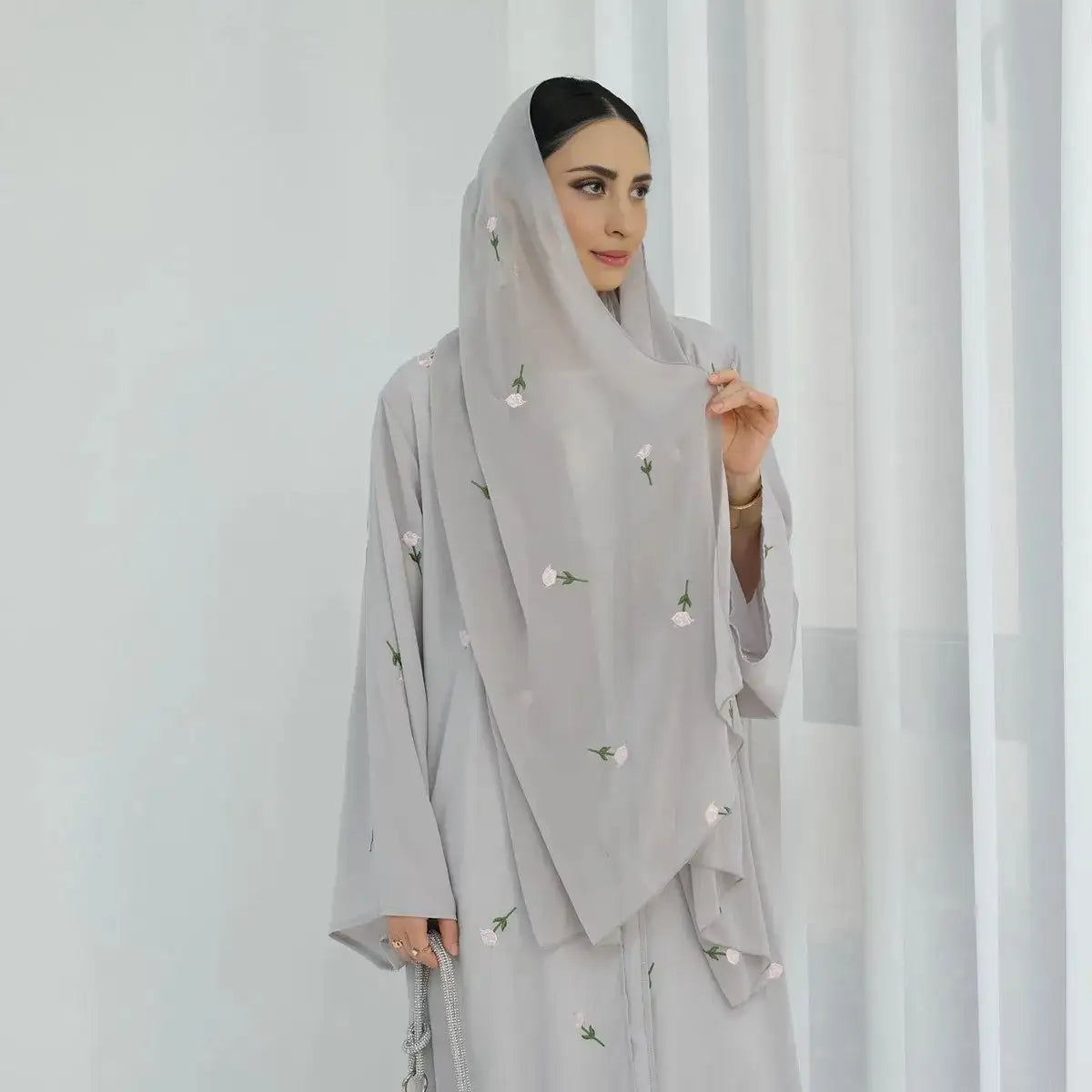 Elegant Floral Embroidered Nida Cardigan Open Abaya Dress with Matching Hijab - Perfect for Modest Fashion, Prayer Wear & Special Occasions