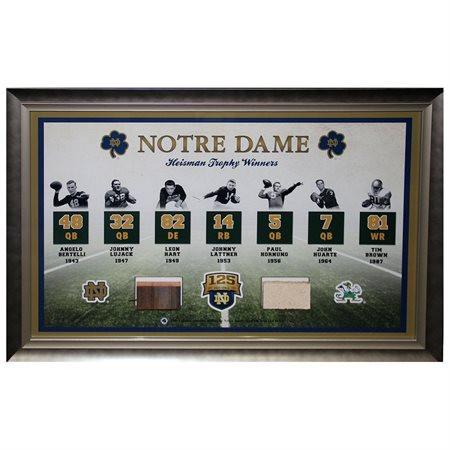 Authentic Notre Dame Heisman Trophy Winner Memorabilia Collage with Game-Used ND Stadium Bench & Brick - Perfect for College Football Fans, Sports Collectors, and Fighting Irish Alumni Gifts