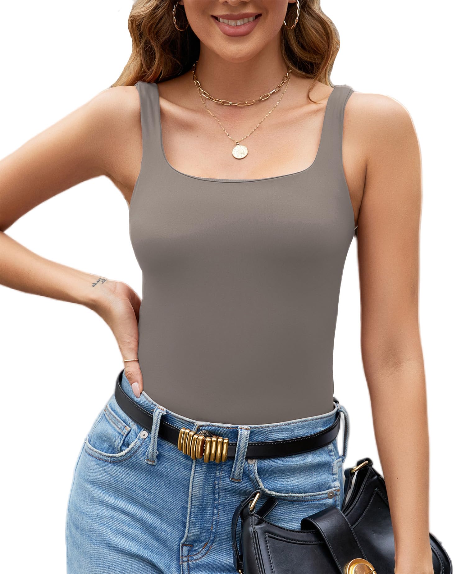 Women's Summer Square Neck Double Layer Tank Tops - Trendy Sleeveless Strappy Casual Tops for Beach, Vacation & Everyday Wear