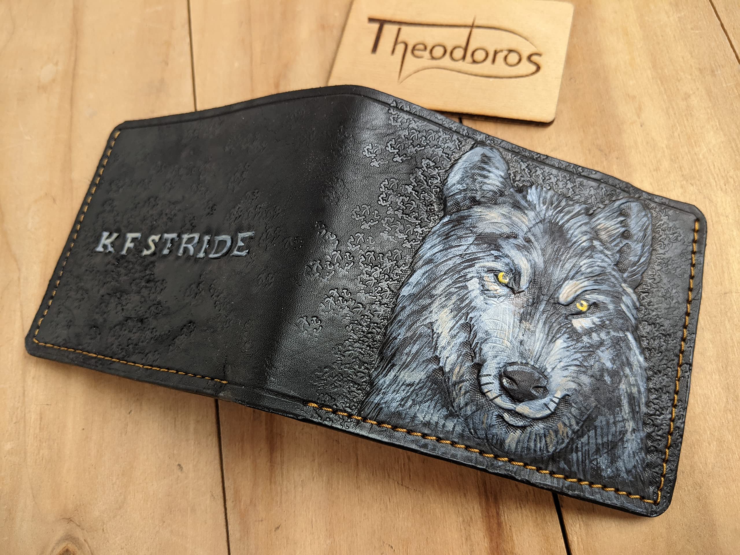 **Handmade 3D Genuine Leather Bifold Wallet for Men - Gray Wolf Carved & Tooled Design with Airbrush Art - Custom Personalized Gift for Dad, Husband, or Boyfriend (A28)**    *(Perfect for Everyday Use, Travel, Gifting, and Special Occasions)*