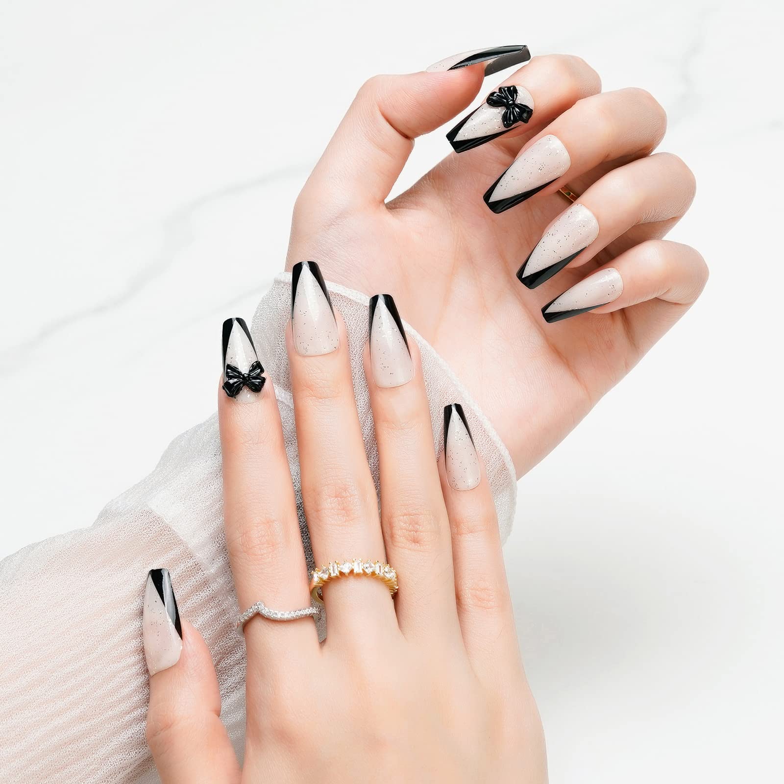 Jofay Fashion Black French Tip Press on Nails - Medium Length Acrylic Fake Nails with Glue, 24pcs Reusable Stick on Nails for Women & Girls - Black Coffin French Design for Parties, Weddings & Daily Wear
