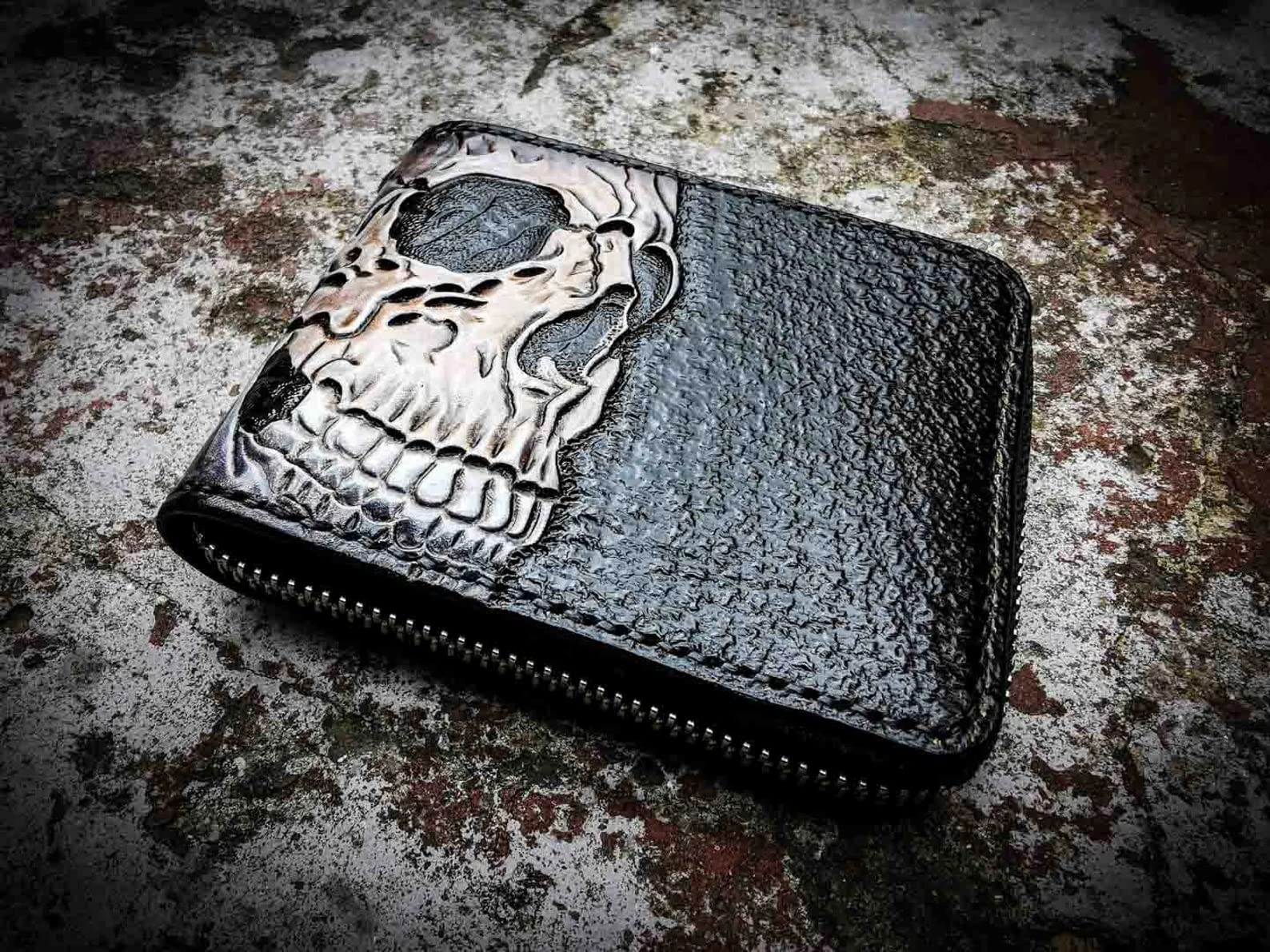 Handmade 3D Genuine Leather Skull Wallet for Men - Custom Carved & Tooled Bifold Wallet with Airbrush Art | Perfect Gift for Bikers, Rock Fans & Unique Style Lovers