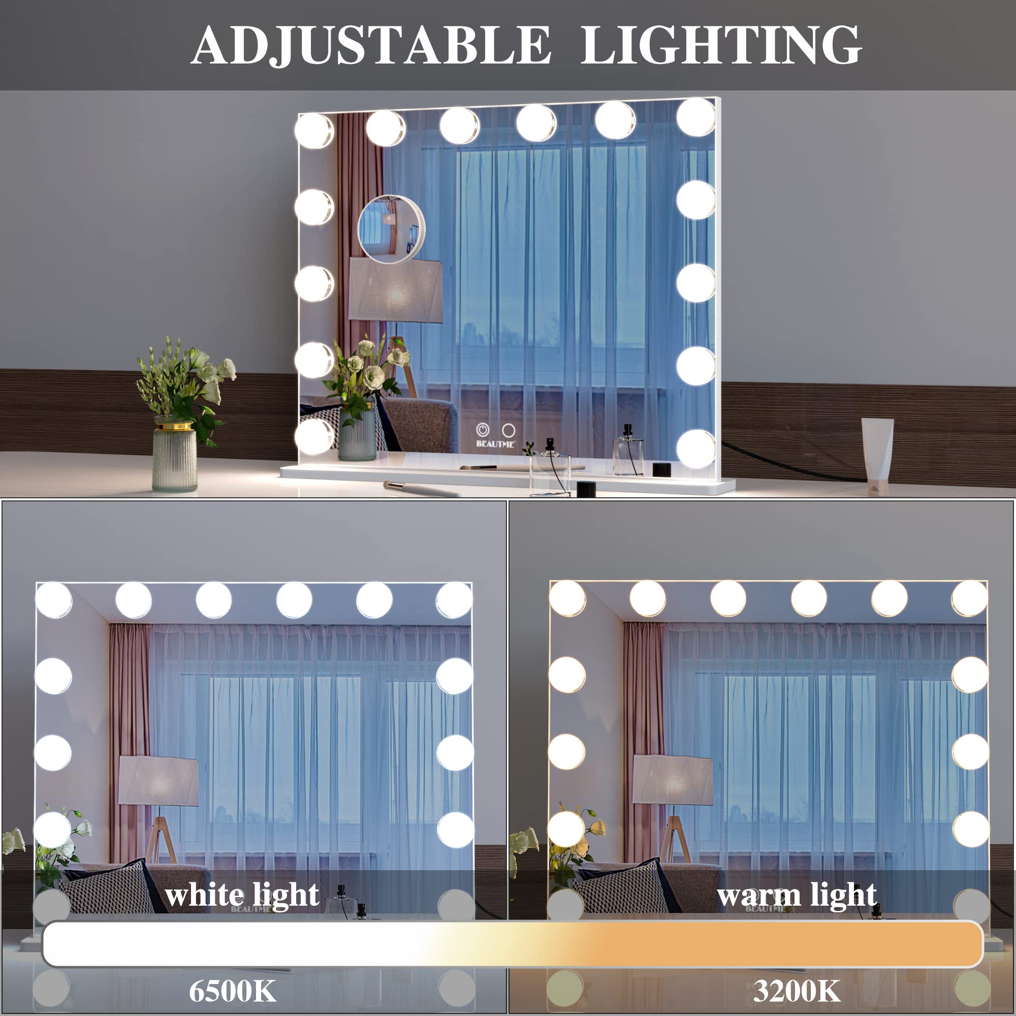 BEAUTME Large Hollywood Lighted Makeup Mirror with Smart Touch Button - 360° Adjustable Vanity Mirror with LED Lights for Tabletop or Wall Mounted - Perfect for Makeup, Skincare & Hair Styling at Home or Salon