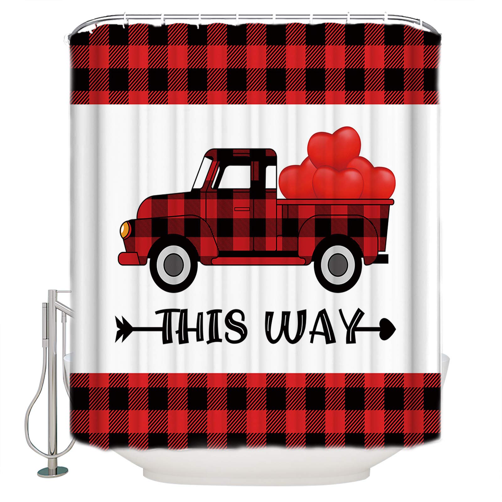Valentine's Day Truck Plaid Shower Curtain - Waterproof Bathroom Decor for Romantic Style