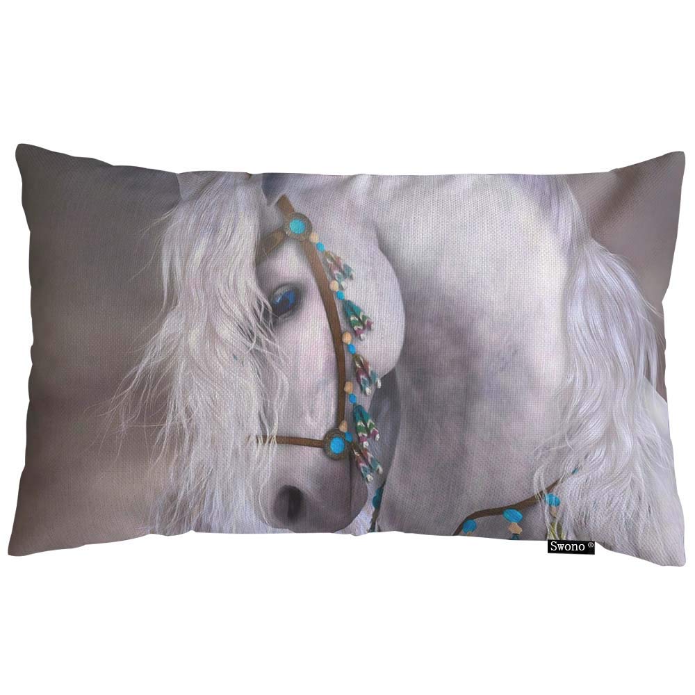 Swono Horse Throw Pillow Cover 12x20 Inches - Artistic Indian White Horse Painting Cotton Linen Decorative Pillow Case for Sofa, Bed, Couch - Perfect for Living Room Decor, Home Styling & Gift Giving