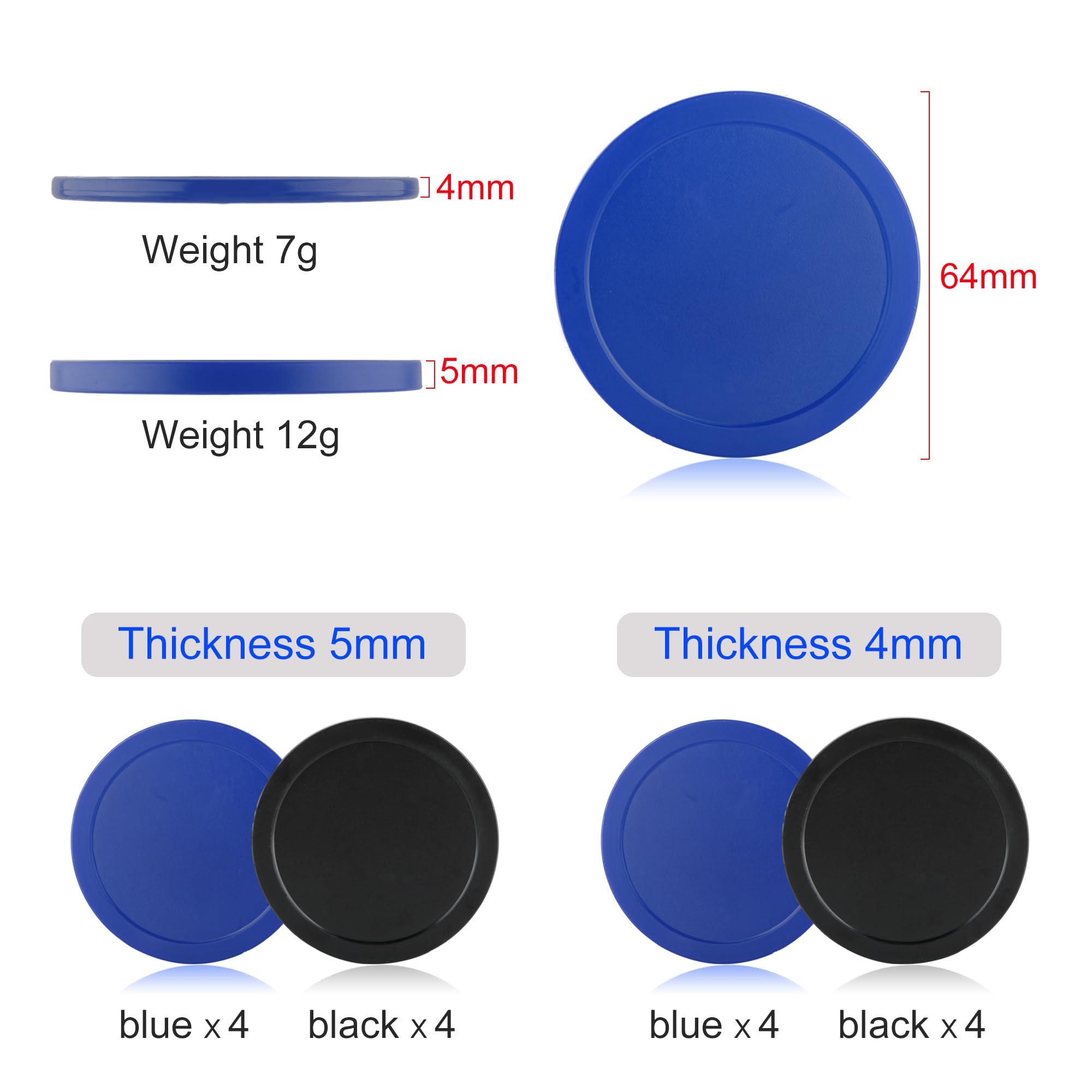 BQSPT 16-Piece Air Hockey Pucks Set - 2.5 Inch (64mm) Replacement Pucks for Air Hockey Tables - Includes 8 Thick & 8 Thin Pucks (Black & Blue) - Perfect for Game Rooms, Arcades, and Family Fun Nights