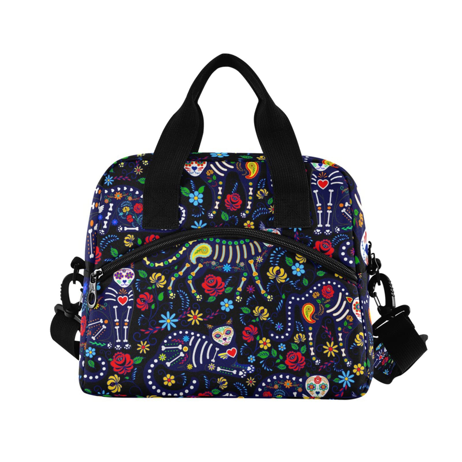 **Insulated Reusable Lunch Bag with Adjustable Shoulder Strap - Leakproof Cooler Tote for Work, School, Picnic & Camping - Cats & Sugar Skull Design for Men & Women**    *(Perfect for Office Meals, Outdoor Adventures, and Daily Commute - Keep Food Fresh & Stylish!)*