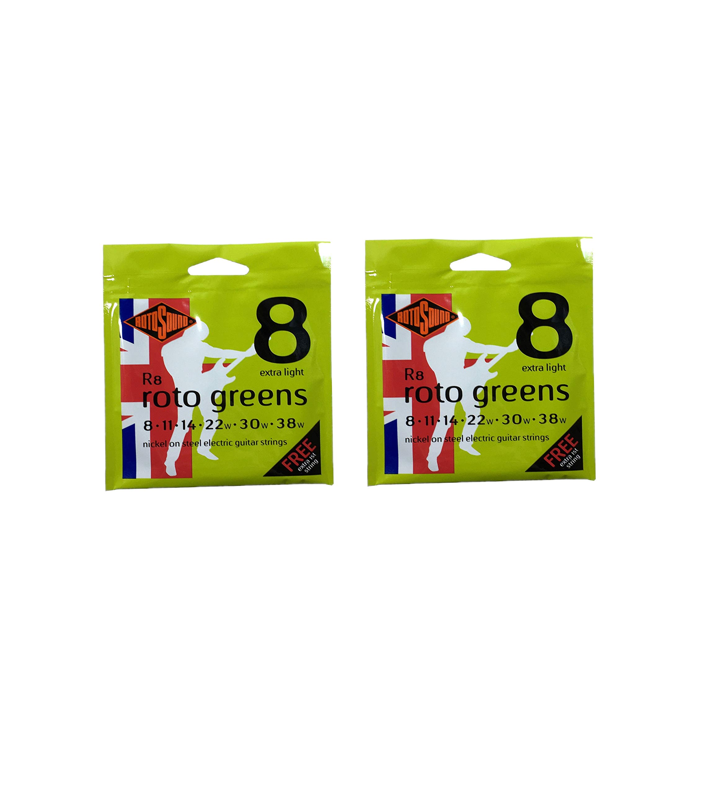RotoSound Roto Greens Nickel Steel Electric Guitar Strings - Extra Light 8-38 Gauge - 2 Pack Set for Smooth Playability & Bright Tone - Perfect for Rock, Blues & Studio Recording