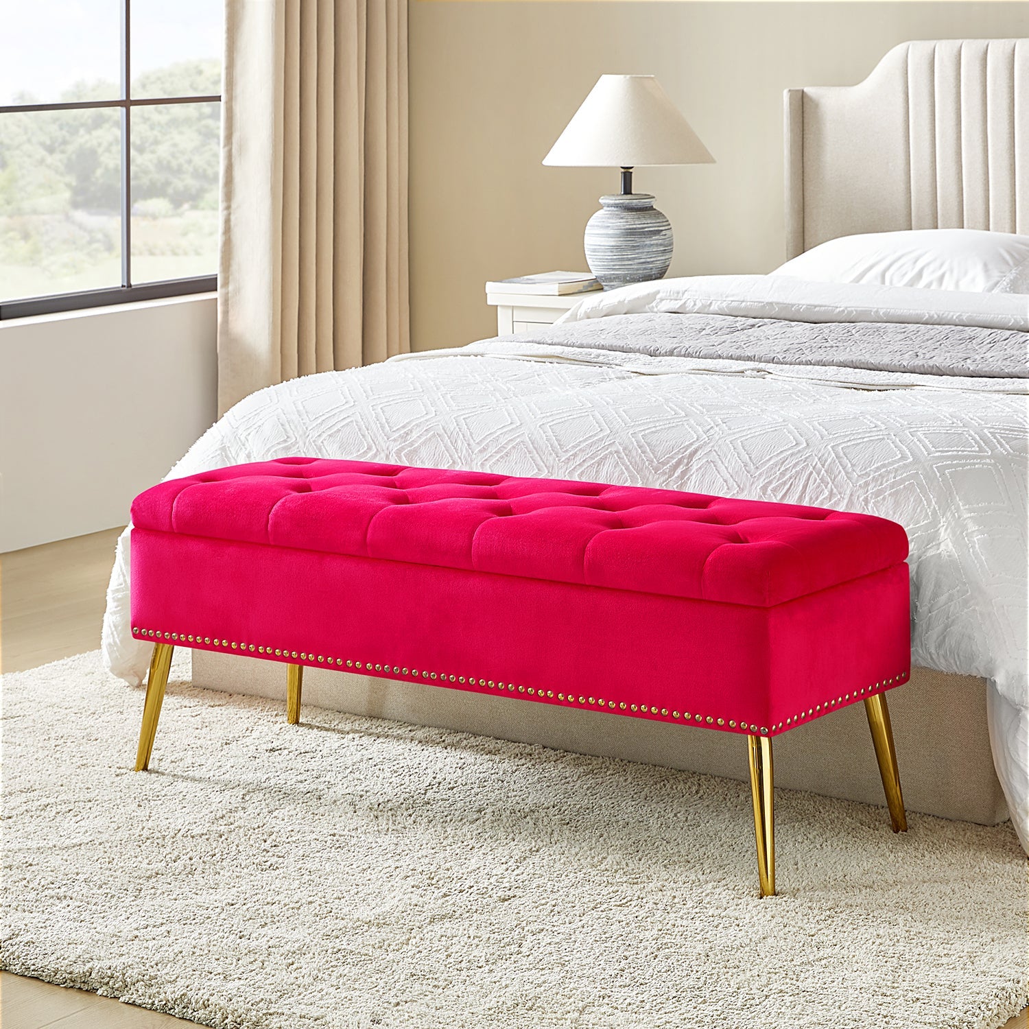 Lenore Upholstered Storage Bench with Cushion Seat - Modern Upholstered Ottoman for Bedroom, Living Room & Entryway - Multi-Functional Storage Furniture for Home Organization