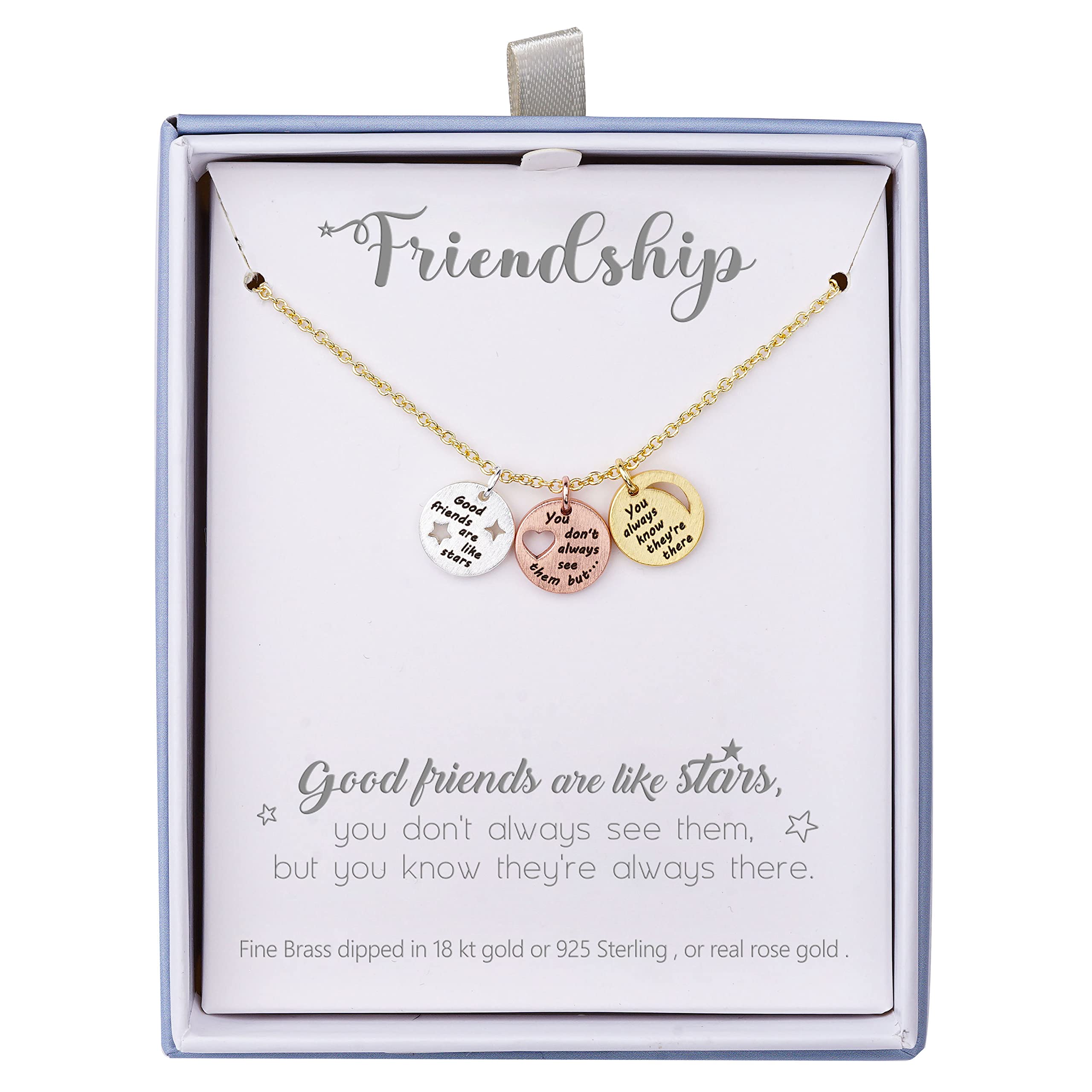 Lauren-Spencer Women's Friendship Necklace - Gold & Silver Plated 3 Disc Heart Moon Star Engraved Jewelry (Best Friend Birthday Gift) - Perfect for Anniversaries, Valentine's Day & Sister Matching Jewelry