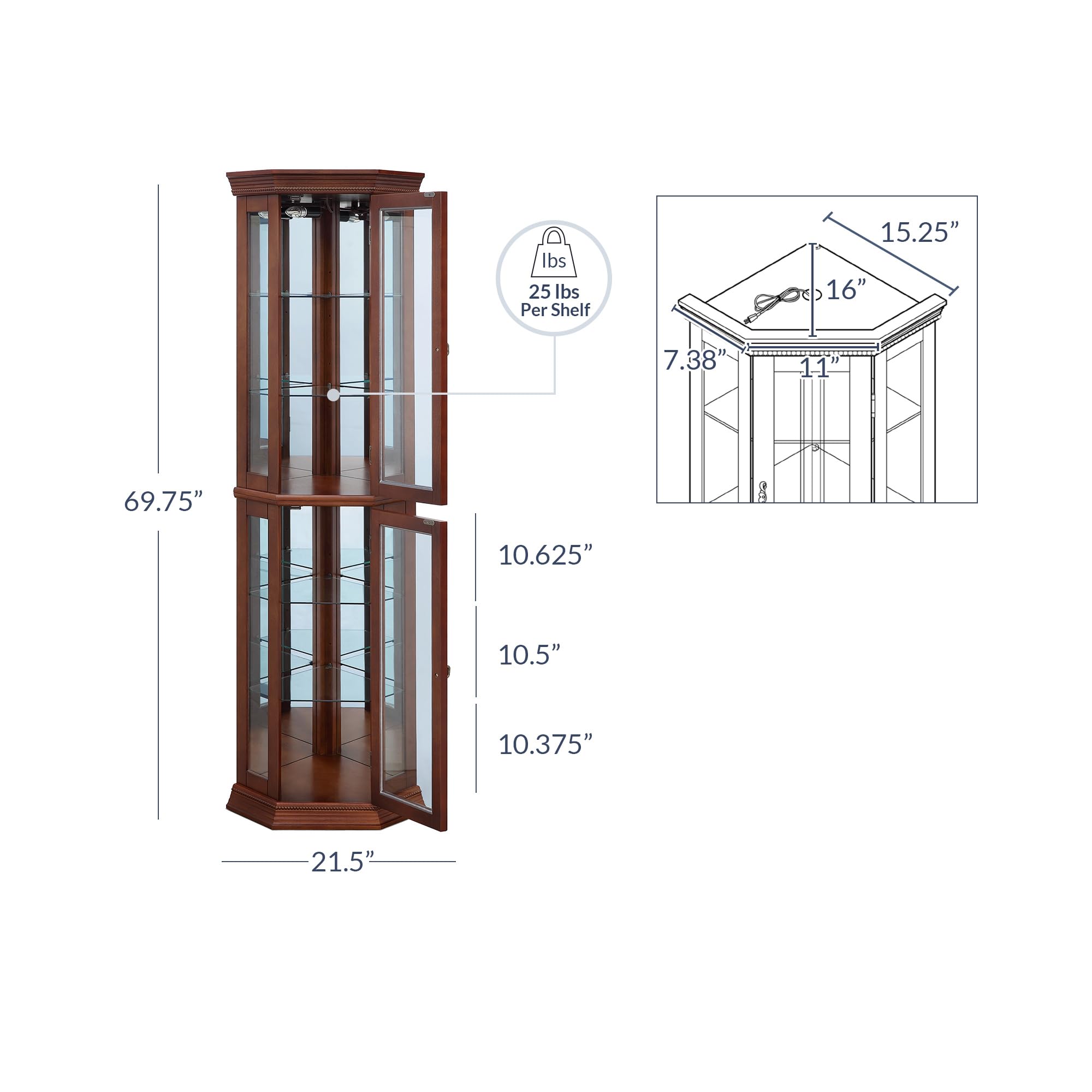 BELLEZE Lighted Wooden Corner Display Curio Cabinet with Tempered Glass Doors - 2 Section Shelving Unit with 6 Adjustable Shelves, Bar & Liquor Storage - Walnut Finish - Perfect for Living Room, Dining Room or Home Office Display