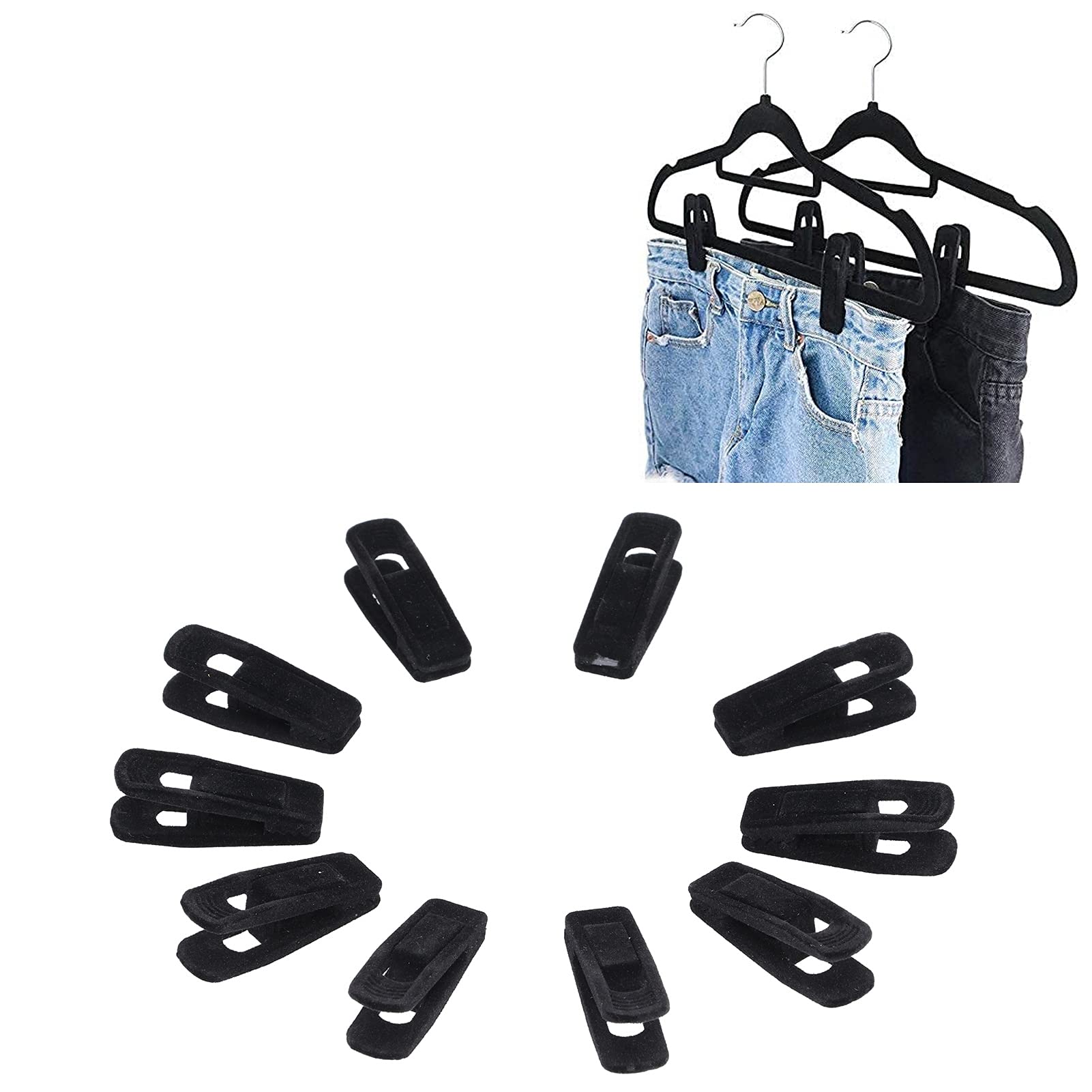 10-Pack Black Flocking Velvet Hanger Clips with Non-Slip Teeth - Secure Pants, Skirts, Ties & Scarves - Space-Saving Closet Organizer for Home & Retail Display
