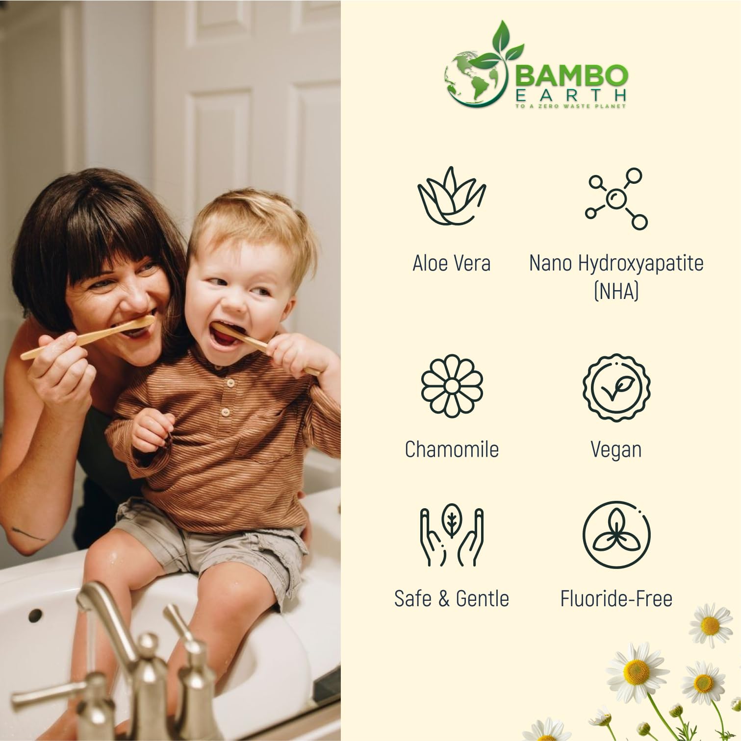 Natural Fluoride-Free Toothpaste with Nano Hydroxyapatite - Remineralizing, Whitening & Sensitive Teeth Relief - Zero Waste Eco-Friendly Tube - Dentist Recommended for Adults & Kids (Aloe Vera & Chamomile Flavor) - Perfect for Daily Oral Care, Travel & Sustainable Lifestyle