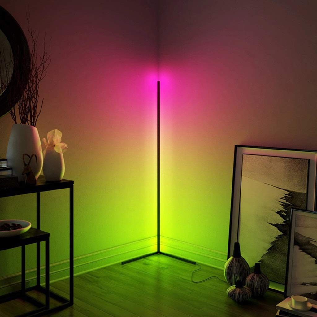 RGB Color Changing Corner Floor Lamp - 3 Prong LED Standing Lamp with Remote Control, 220V for Living Room, Bedroom, Home Theater & Gaming Setup - White Modern Design