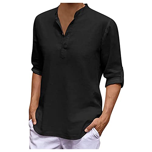 Men's Long Sleeve Casual T-Shirt - Cotton Linen Blend, Loose Fit Stand Collar, Solid Color Top for Spring & Summer | Perfect for Outdoor Activities, Work, and Everyday Wear