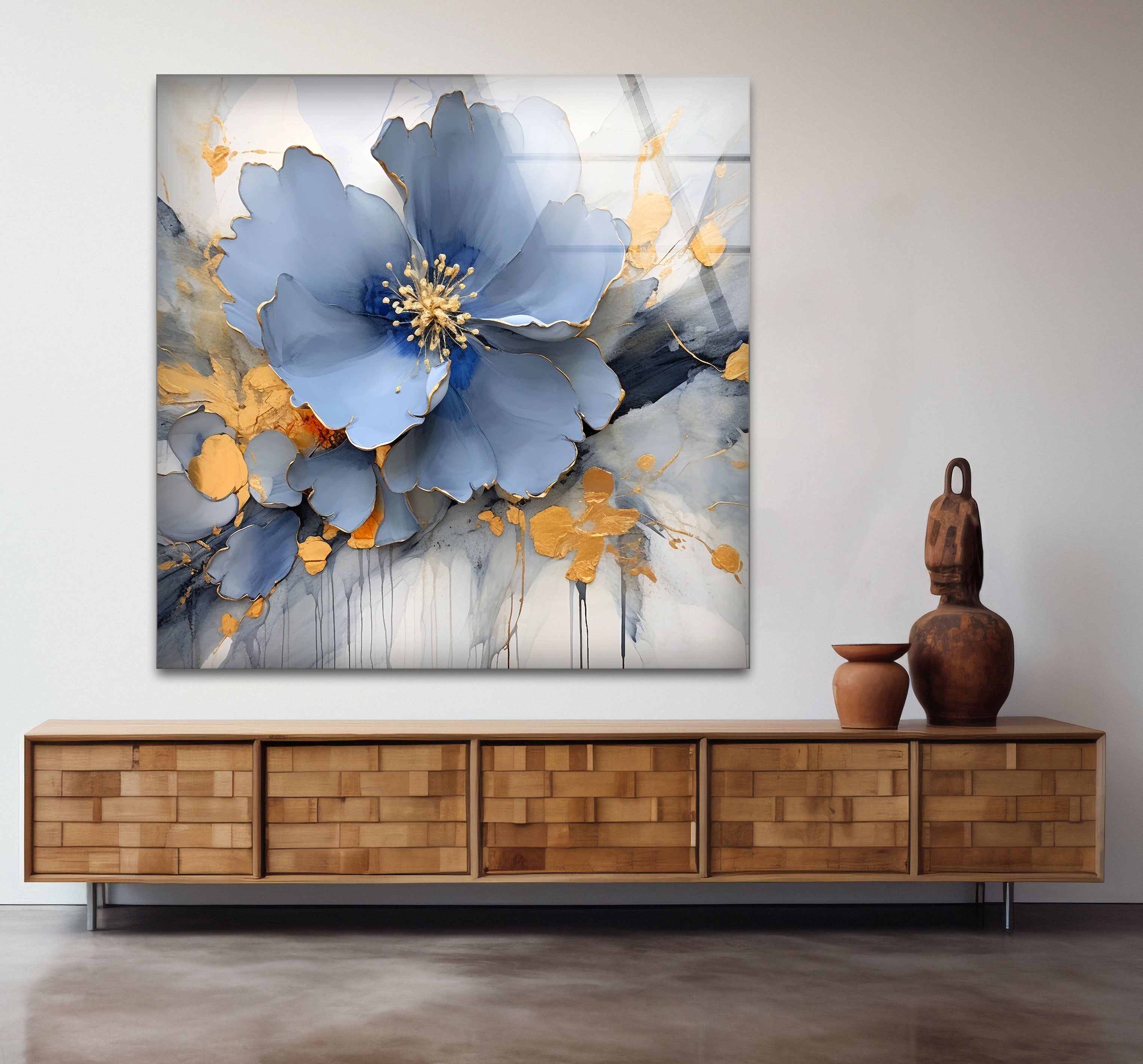 Blue Gold Blossom Wall Art - Elegant Floral Glass Print for Home Décor | Modern Botanical Painting for Living Room, Bedroom & Office | Perfect Housewarming Gift