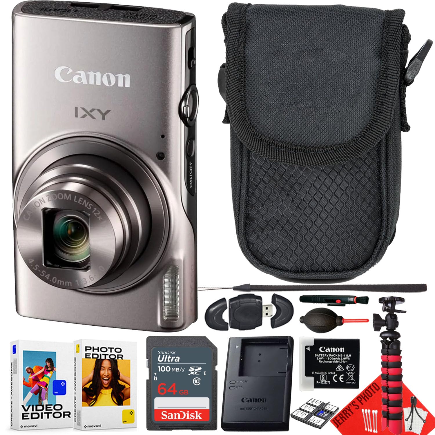 Canon PowerShot IXY 650 / ELPH 360 HS Digital Camera Bundle - 20MP, 12x Optical Zoom, 1080p HD Video, WiFi (Silver) | Includes 64GB SD Card, Case, Tripod & Accessories (13pc Bundle) | Perfect for Travel Photography, Vlogging & Family Moments (Renewed)