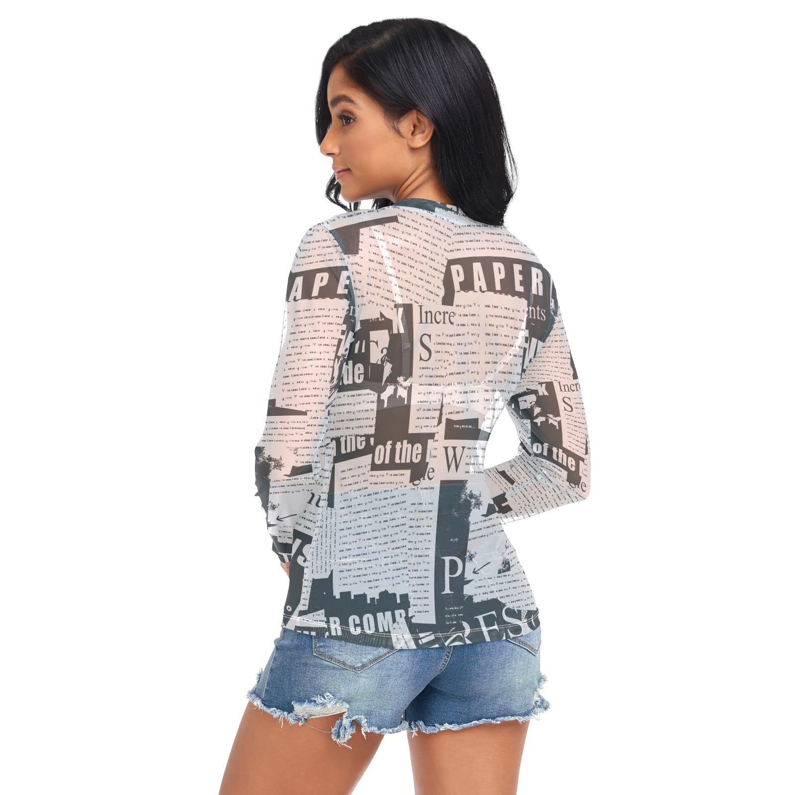 Women's Long Sleeve Sheer Mesh Top - Sexy See-Through Blouse in Black & White Newspaper Print | Perfect for Night Out, Date Night & Party Wear