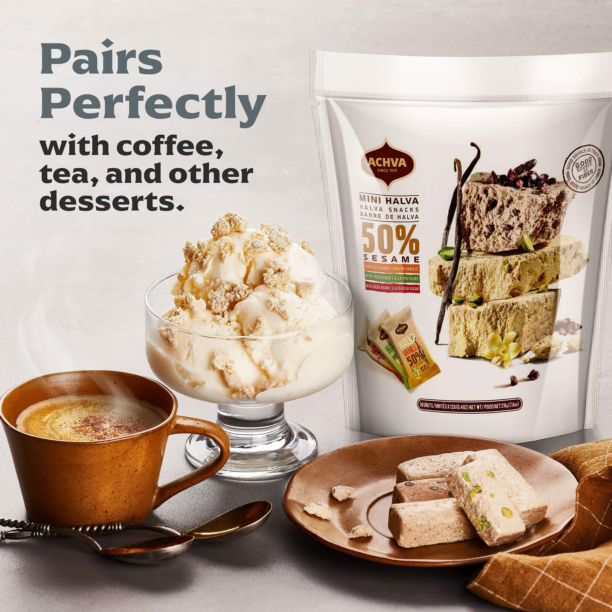 Achva Halva Tahini Bar Mini Snacks - 18-Pack Assorted Halvah Bars with Pistachio, Vanilla & Cocoa Flavors | Vegan, Kosher, Gluten-Free & Lactose-Free Israeli Snacks (12g Each) | Perfect for On-the-Go, Lunchboxes & Healthy Dessert Cravings