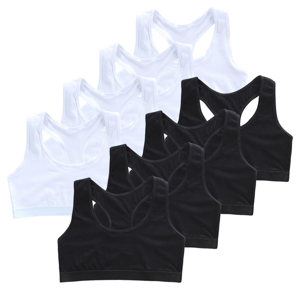 Girl's Seamless Cotton Sports Bra 8-Pack - Soft, Breathable Training Bras for Girls 9-14 Years - Perfect for Gym, Yoga & Everyday Wear