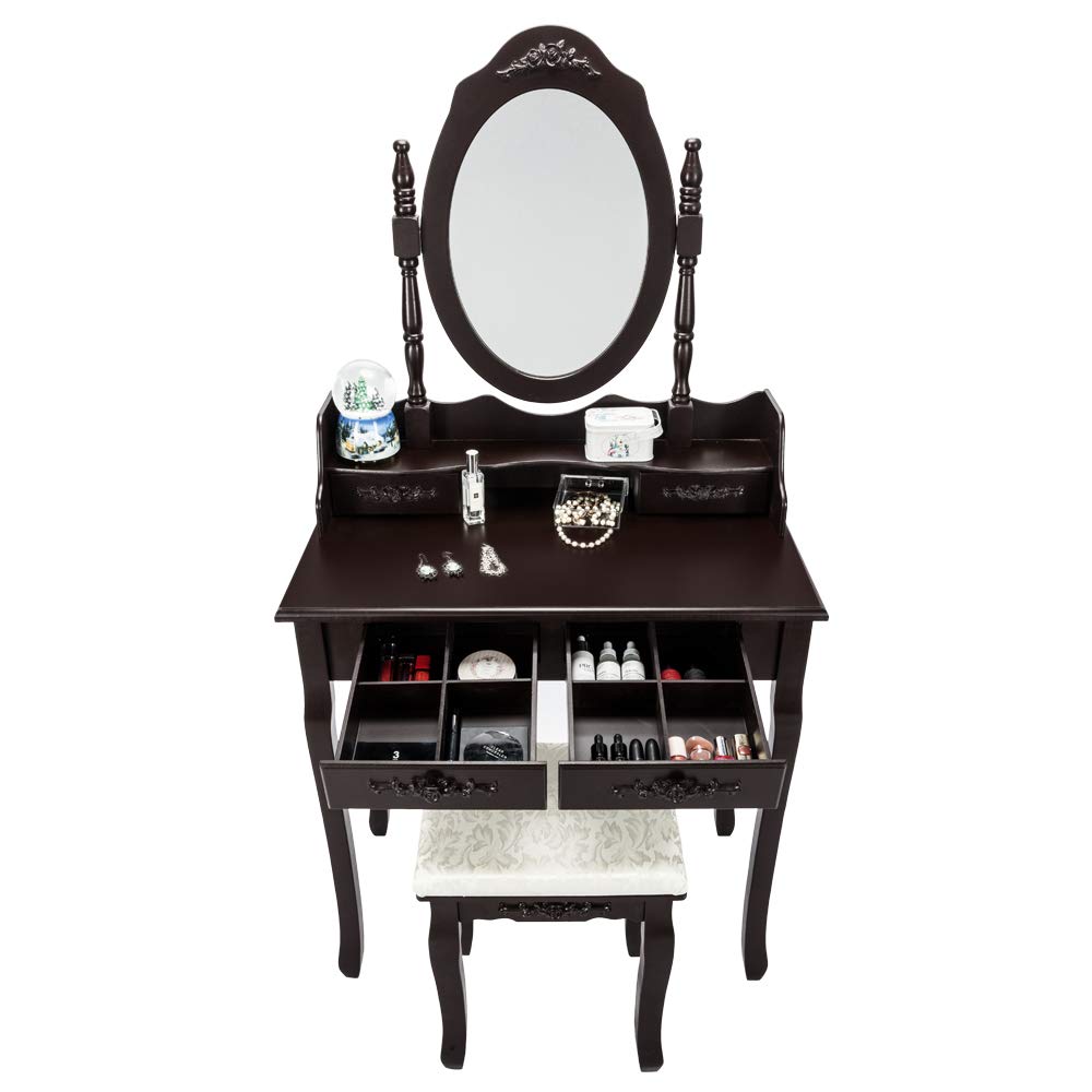 Brown Makeup Vanity Table with Stool & Removable Mirror - 4-Drawer Dressing Table with Cushioned Seat & Organizer - Perfect for Bedroom, Salon, and Bridal Makeup Setup