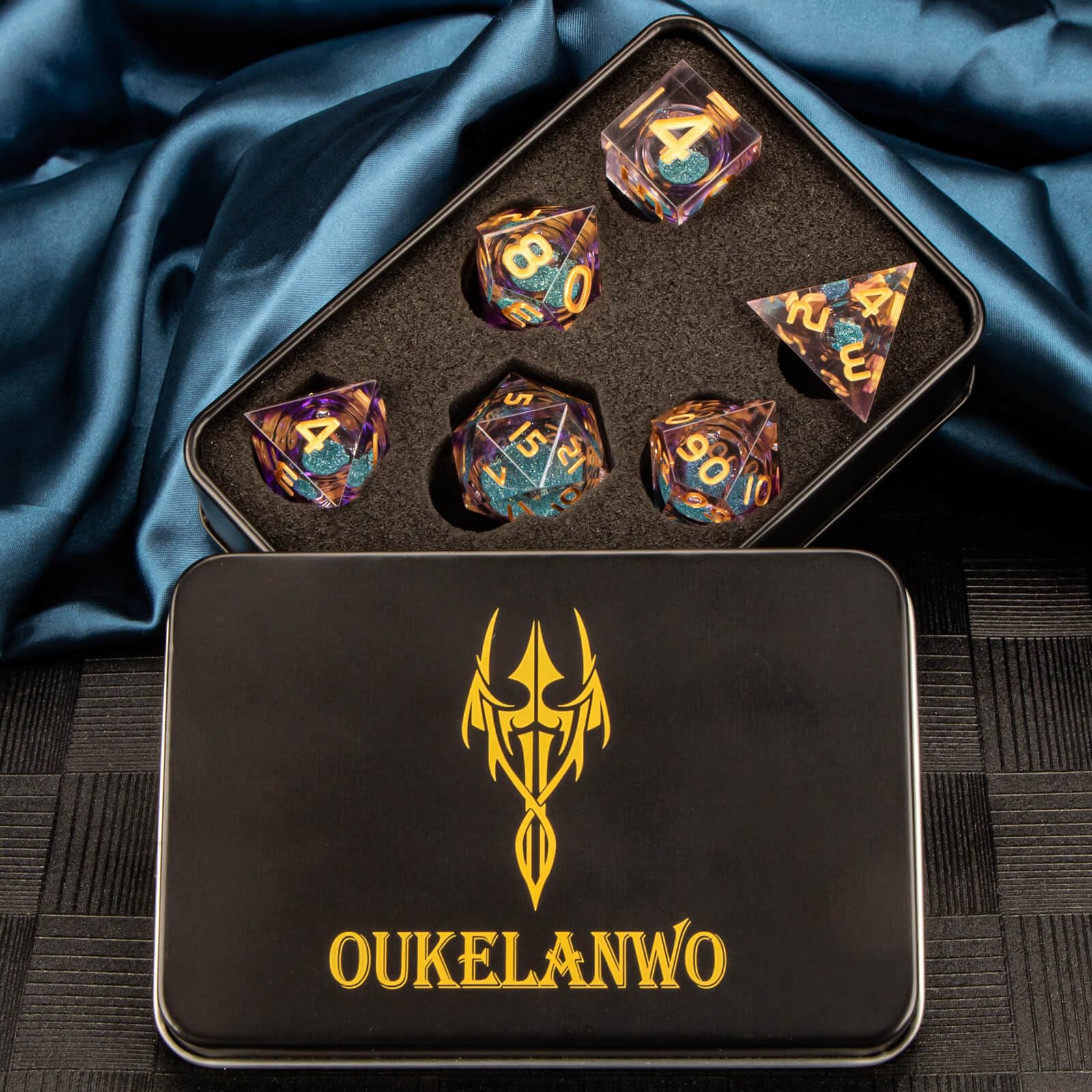 OUKELANWO Liquid Core Sharp Edge Resin D&D Dice Set - 7 Piece Polyhedral Dungeons and Dragons Dice with D20, D12, D10, D8, D6, D4 - Vibrant Purple & Blue RPG Dice for Tabletop Gaming, DND Campaigns, and Role Playing Adventures