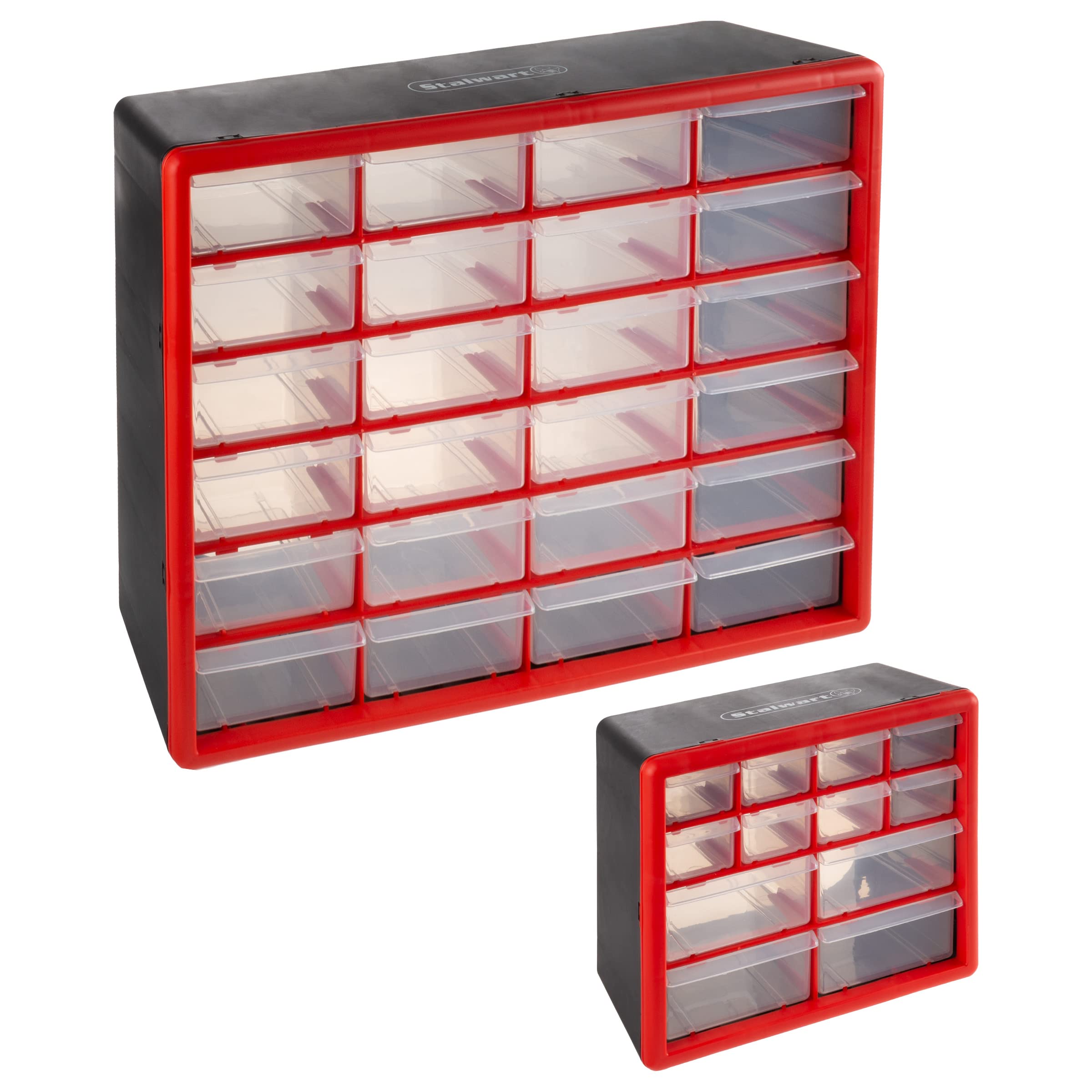 Stalwart 2-Pack Plastic Storage Bins with Drawers - 12 & 24 Drawer Desktop or Wall Mount Tool Organizer for Hardware, Crafts, Office Supplies - Perfect for Workshop, Garage & DIY Projects (Red)