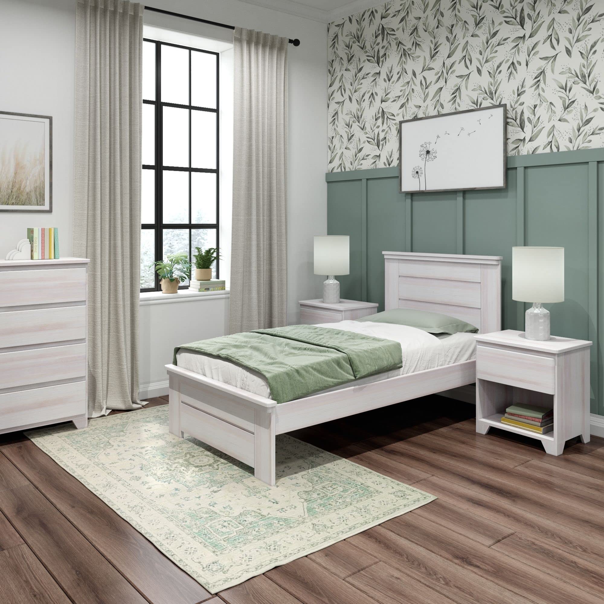 Modern Farmhouse Twin Bed Frame with Headboard for Kids - White Washed Wood Panel Design - Perfect for Nursery, Bedroom & Guest Room