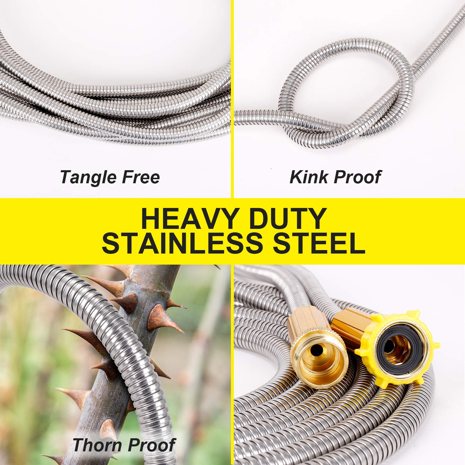 FOXEASE 10FT Stainless Steel Metal Garden Hose - Heavy Duty Kink Free Water Hose with Adjustable Nozzle, Lightweight & Portable for Yard, Lawn, Patio, Car Washing and Outdoor Watering