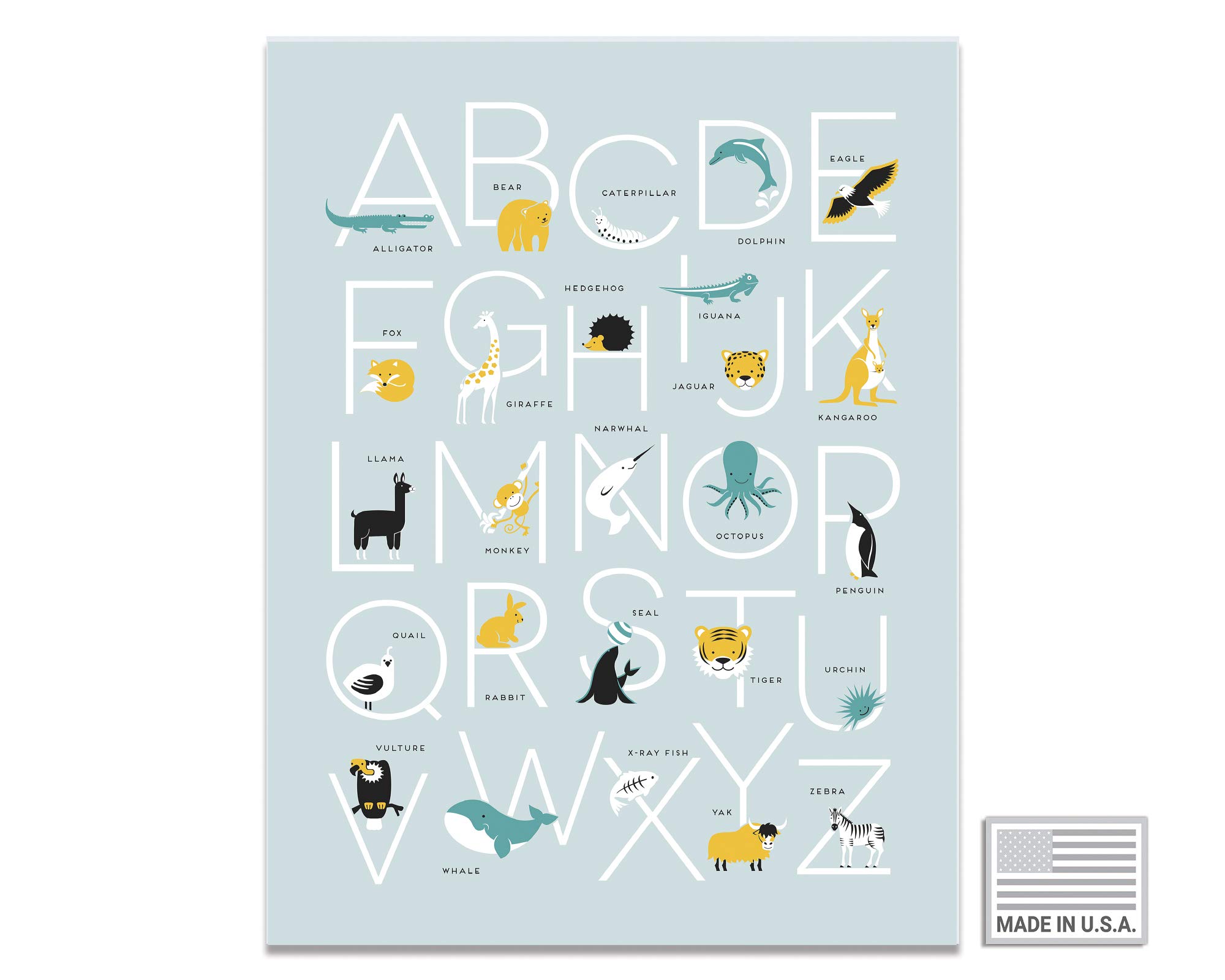 ABC Learning Poster for Toddlers - Animal Alphabet Chart Blue 11x14 inch - Educational Wall Art for Nursery, Preschool Classroom & Kids Room Decor - Printed on Durable Card Stock - Perfect for Early Childhood Learning & Homeschooling