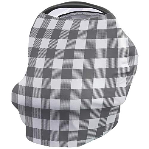 Breastfeeding Nursing Cover & Baby Car Seat Canopy - White & Grey Checkered Stroller Cart Cover for Infant Girls & Boys | Abstract Geometric Lattice Design | Perfect for Shopping, Travel & Outdoor Feeding