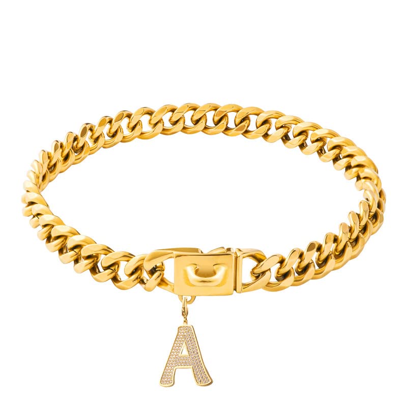 Gepopet 18K Gold Cuban Link Dog Collar for Medium & Large Dogs - Heavy Duty Chew Proof Bling Letter Pendant Collar (10In, 14In, 16In) | Luxury Pet Accessories for Walking, Training & Special Occasions