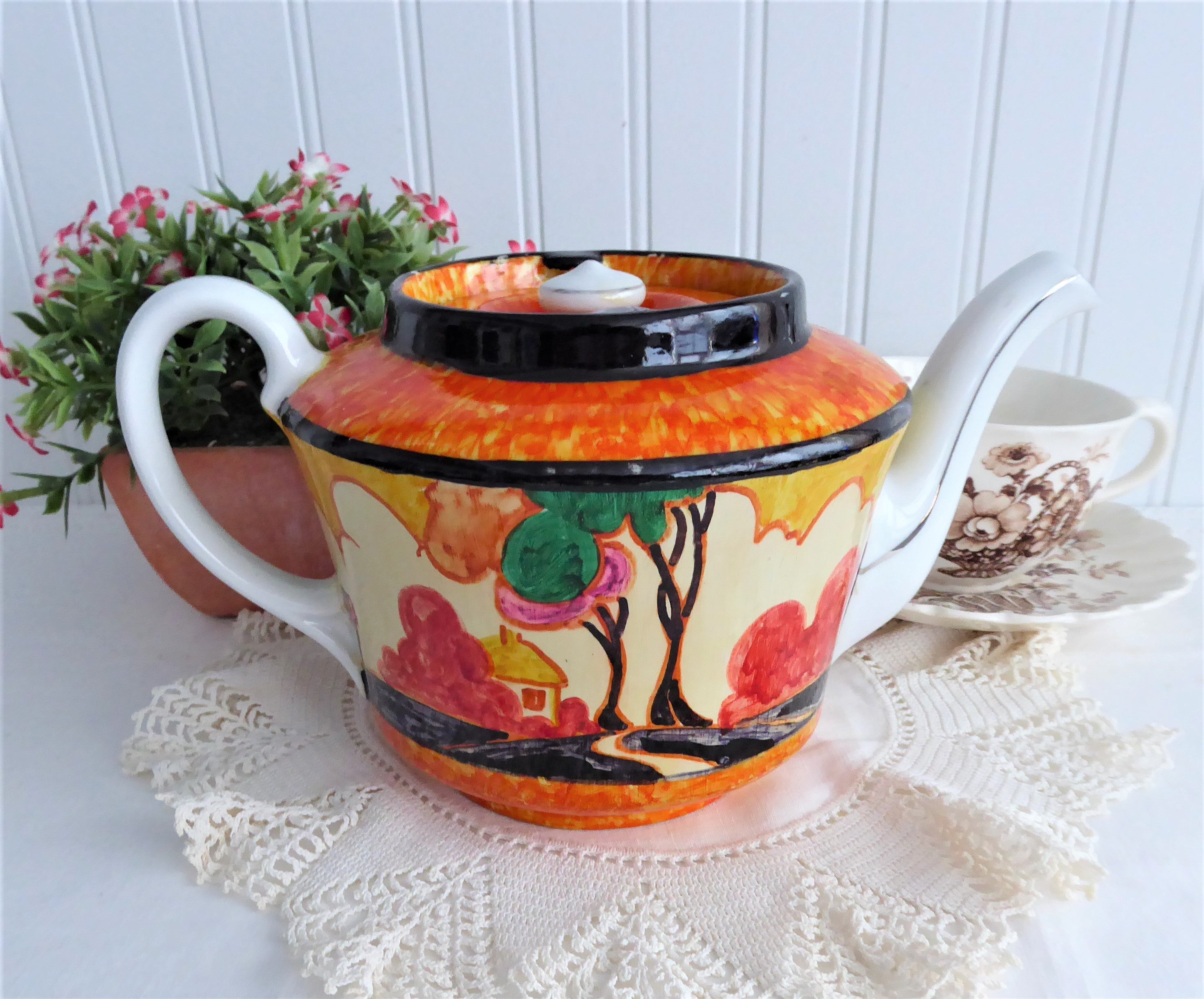 Vintage 1932 Art Deco Hand-Painted Orange Trees Teapot - Artist Signed Cottage Collectible (Perfect for Tea Lovers & Antique Home Decor)