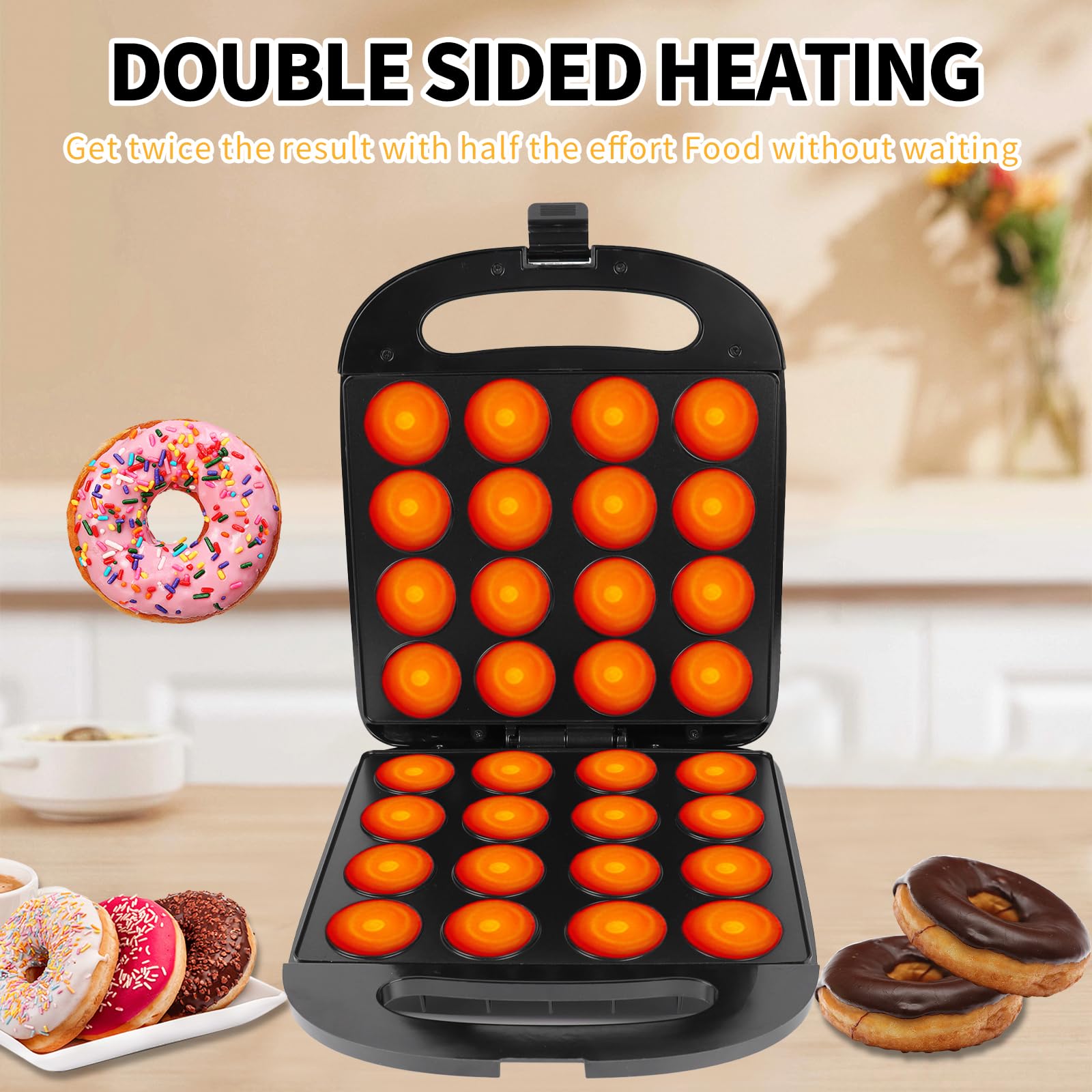 Mini Donut Maker Machine - Non-Stick Surface, Makes 16 Doughnuts | Perfect for Kids Breakfast, Snacks, Desserts & Baking Gifts | Great for Family Fun, Birthday Parties & Holiday Treats
