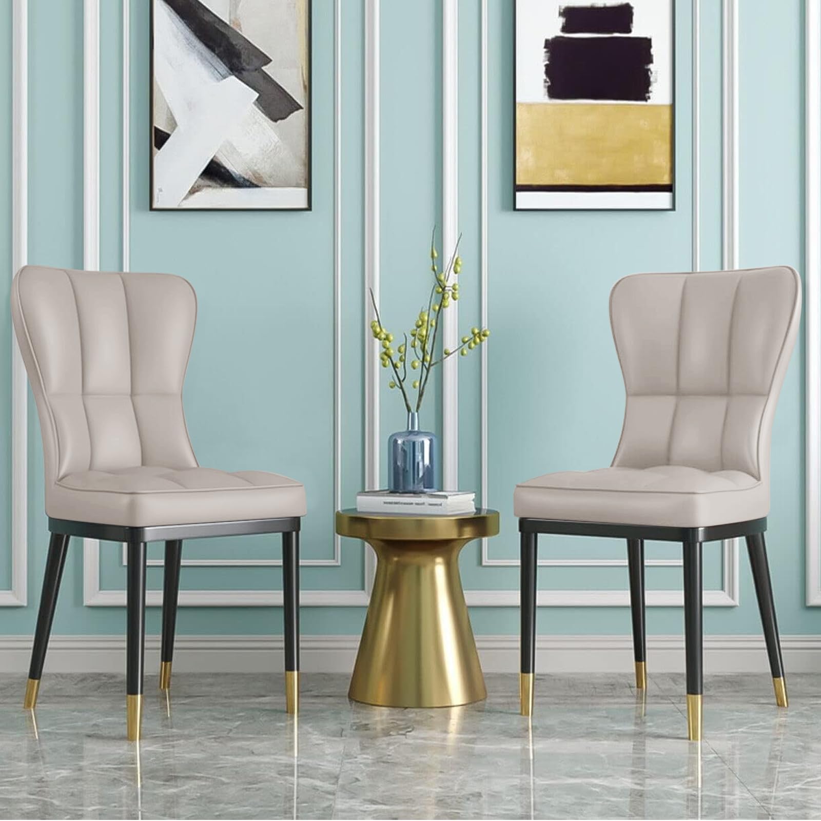 Luxury High-Back Faux Leather Dining Chairs Set of 2 - Modern Upholstered Accent Chairs with Deep Sponge Padding & Sturdy Metal Legs for Kitchen, Dining Room, Living Room, Bedroom - Light Grey - Perfect for Home Decor, Dinner Parties & Cozy Seating
