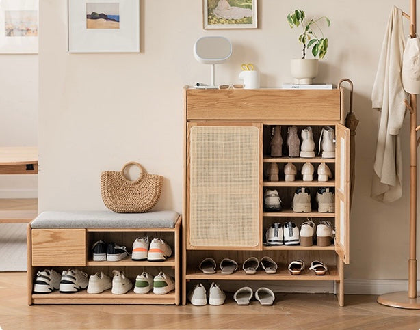 Solid Oak Wood Shoe Storage Cabinet - Modern Nordic Style with Rock Slab Design - Perfect for Entryway, Bedroom, or Closet Organization
