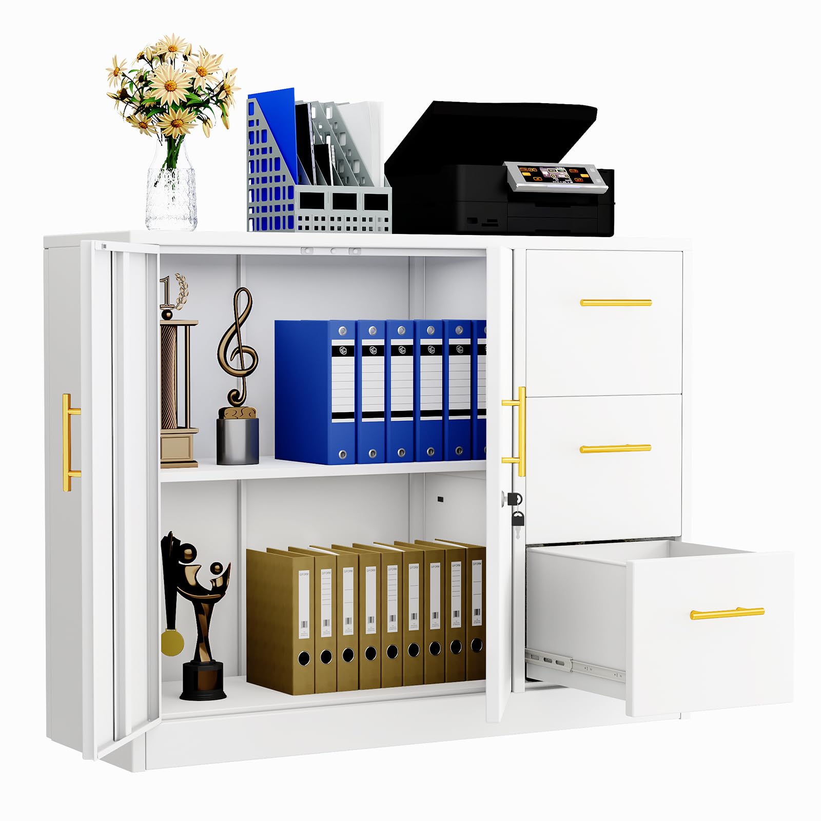 3-Drawer Lateral File Cabinet with Lock - Metal Filing Storage Cabinet for Office, Home, Garage, School & Gym - White - Perfect for Document Organization & Space Saving