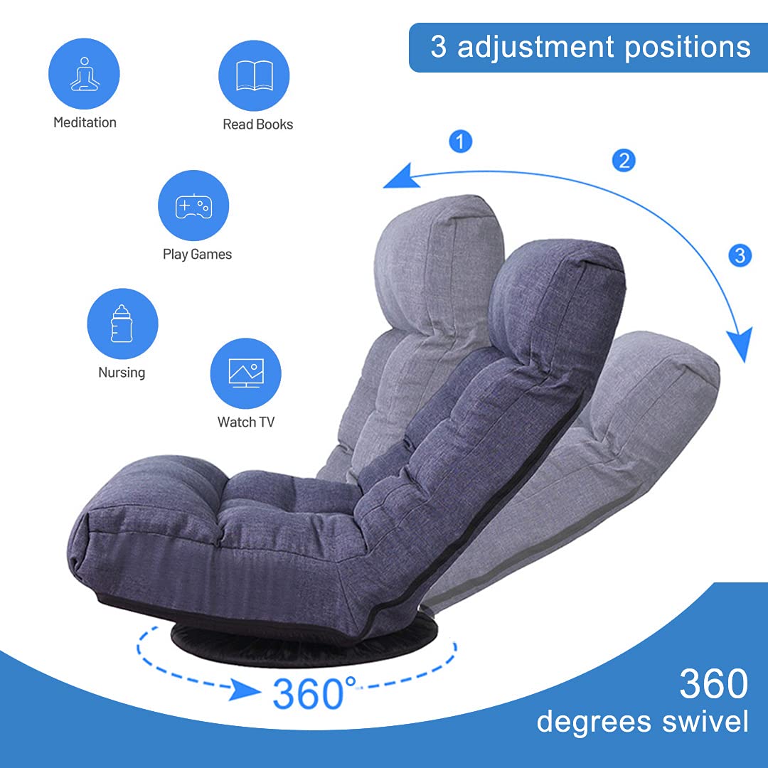 360° Swivel Gaming Chaise Lounge with Ottoman - Adjustable Backrest Folding Floor Chair for Bedroom & Living Room | Navy Blue Floor Sofa for Video Games, Movie Nights & Relaxation
