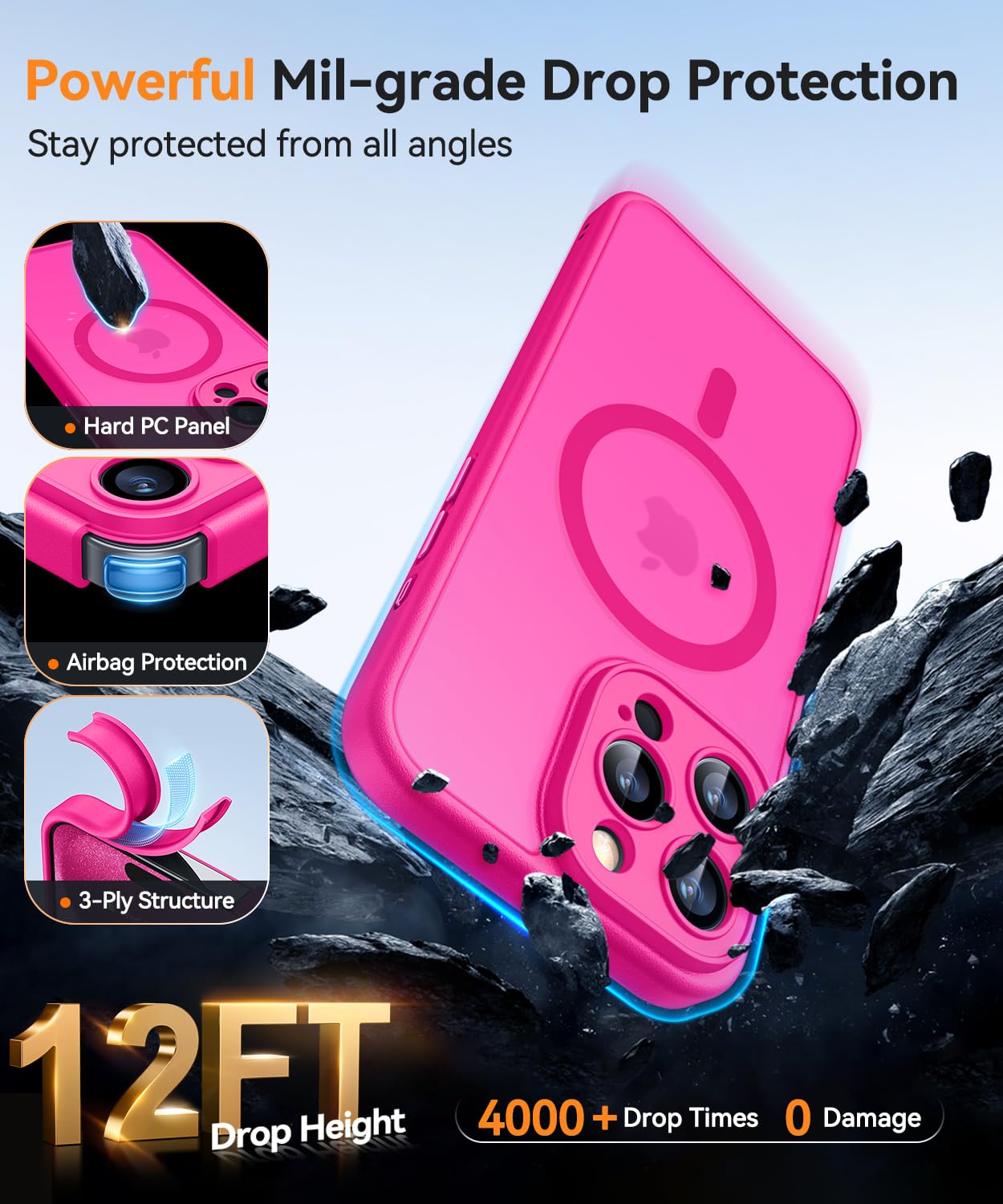 Magnetic iPhone 15 Pro Max Case (6.7 Inch) - Upgraded Full Camera Protection, Magsafe Compatible, Translucent Matte Finish, Shockproof Protective Cover in Hot Pink | Perfect for Everyday Use, Travel & Outdoor Activities