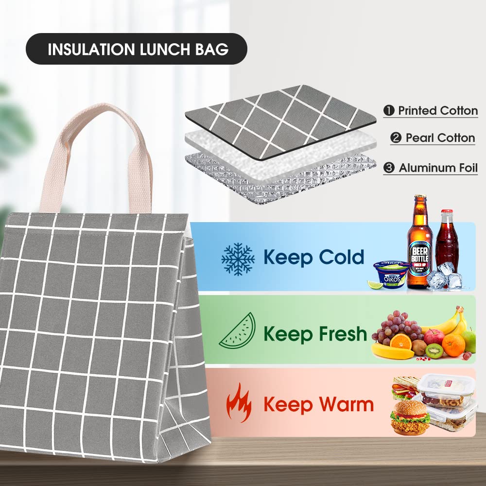 **HOMESPON Reusable Insulated Lunch Bag with Aluminum Foil - Eco-Friendly Canvas Lunch Box for Women & Men - Office, School, Picnic, Travel - Grey Plaid Design**