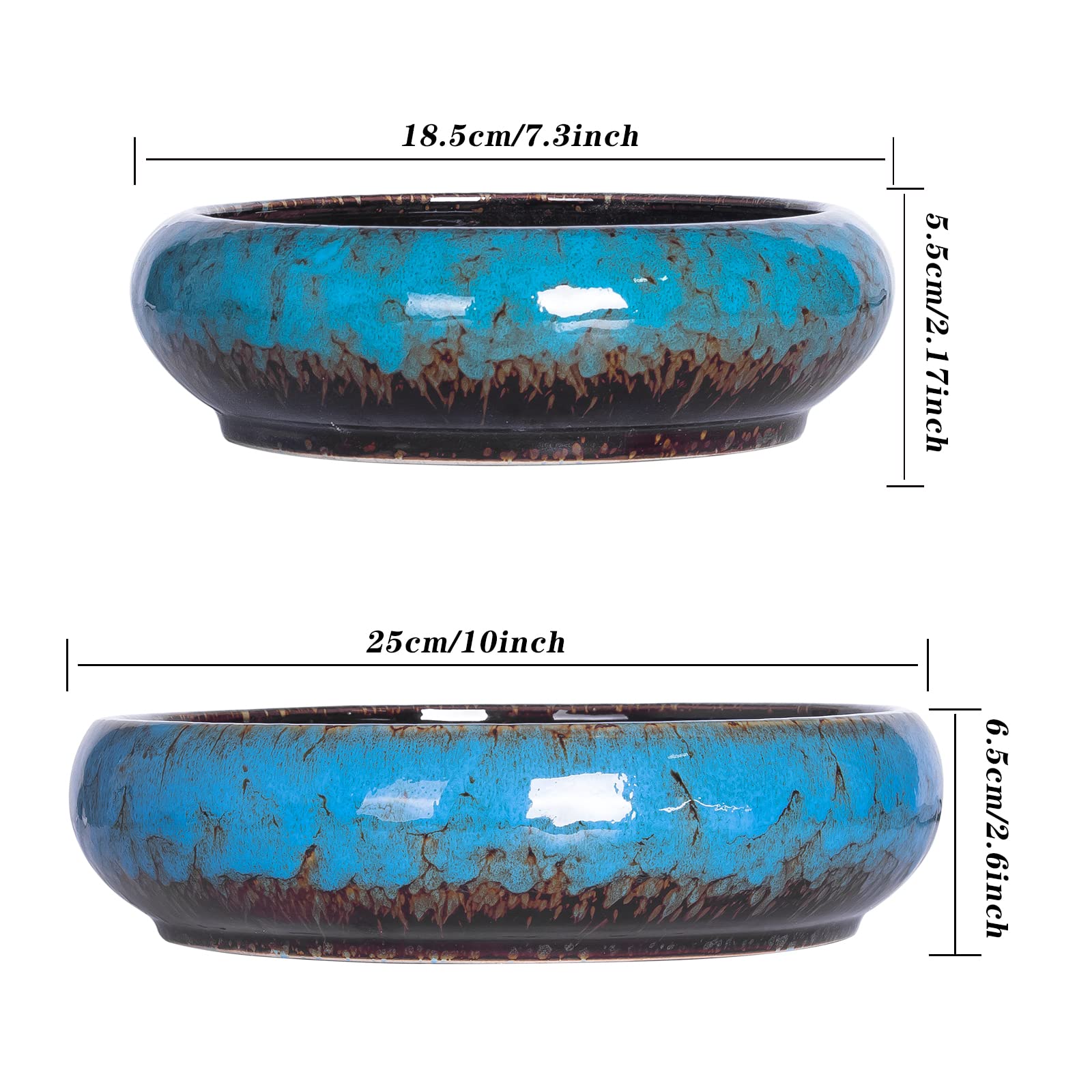 ARTKETTY 7.3-10 Inch Ceramic Succulent Pots Set of 2 - Large Glazed Bonsai Planters with Drainage Tray for Indoor Cactus, Flowers & Plants | Perfect for Home Decor, Office Desk & Garden Display