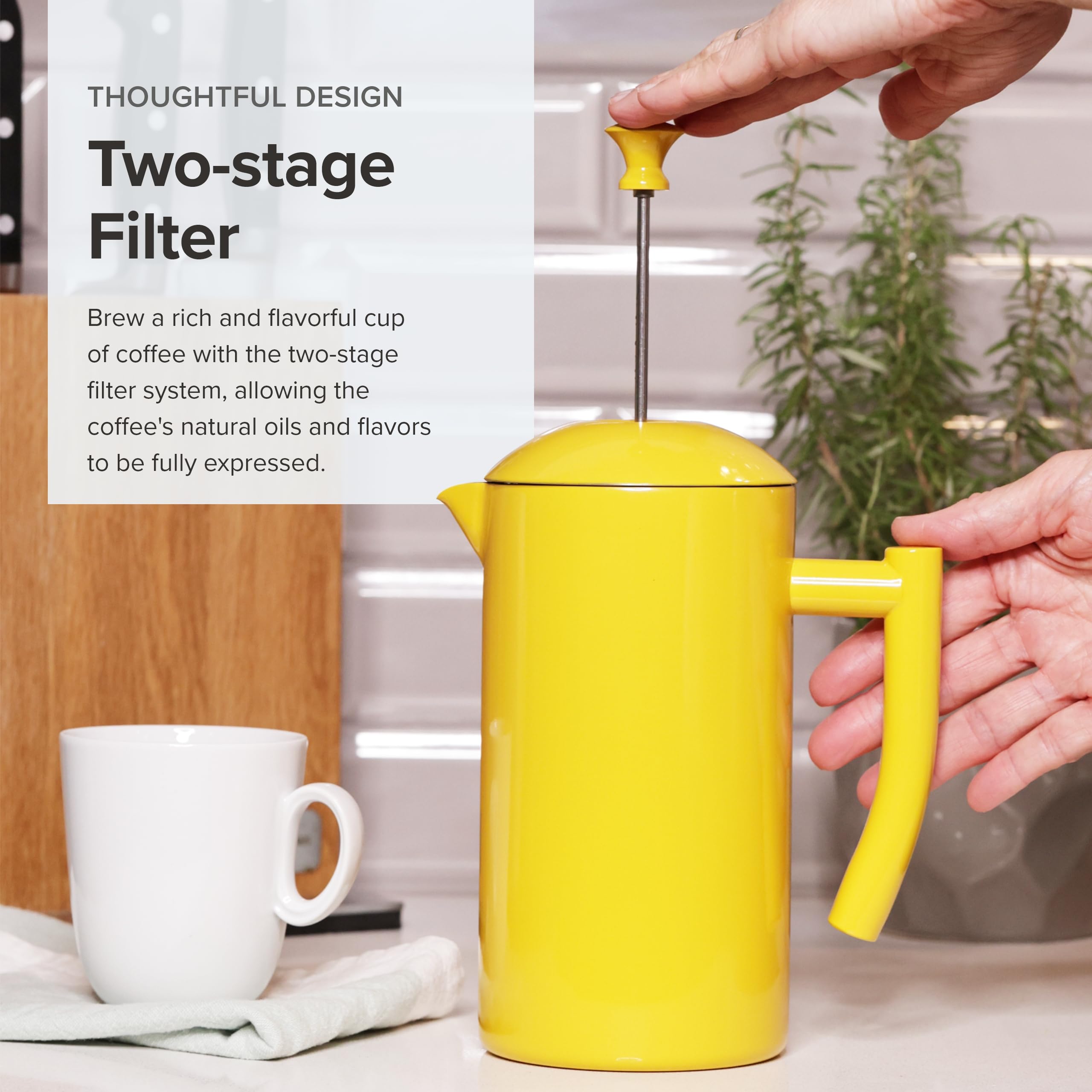 Frieling Double-Walled Stainless Steel French Press Coffee Maker - 34 oz Insulated Coffee Pot for Camping, Travel & Home - Sunshine Yellow - Keeps Coffee Hot for Hours - BPA Free & Durable