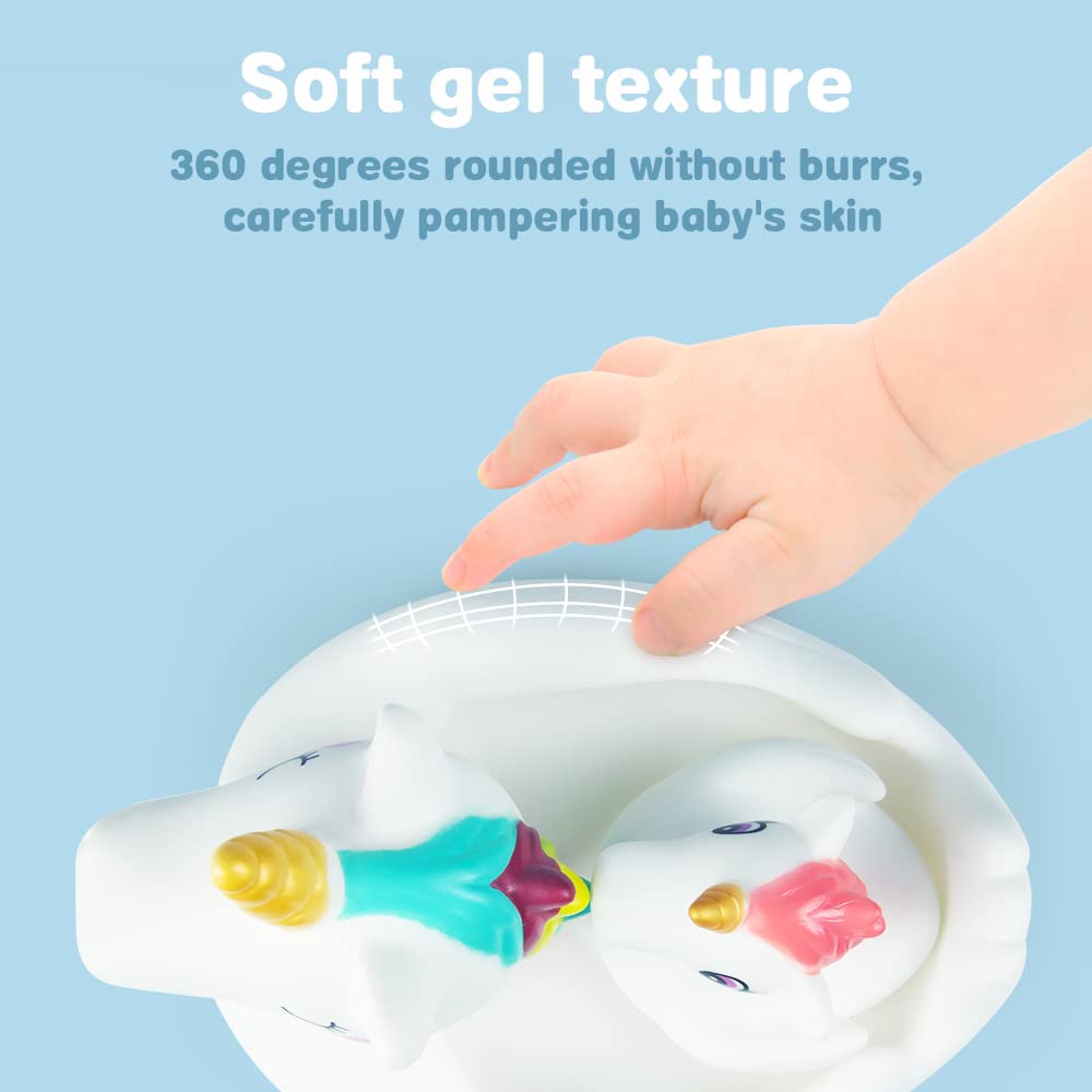Woby Baby Bath Toys - Cute Unicorn Spray & Floating Bathtub Squirt Toys for Toddlers (6-12 Months) | Safe Rubber Bathroom Toys for Infants & Girls | 4-Piece Gift Set | Perfect for Sensory Play & Bathtime Fun
