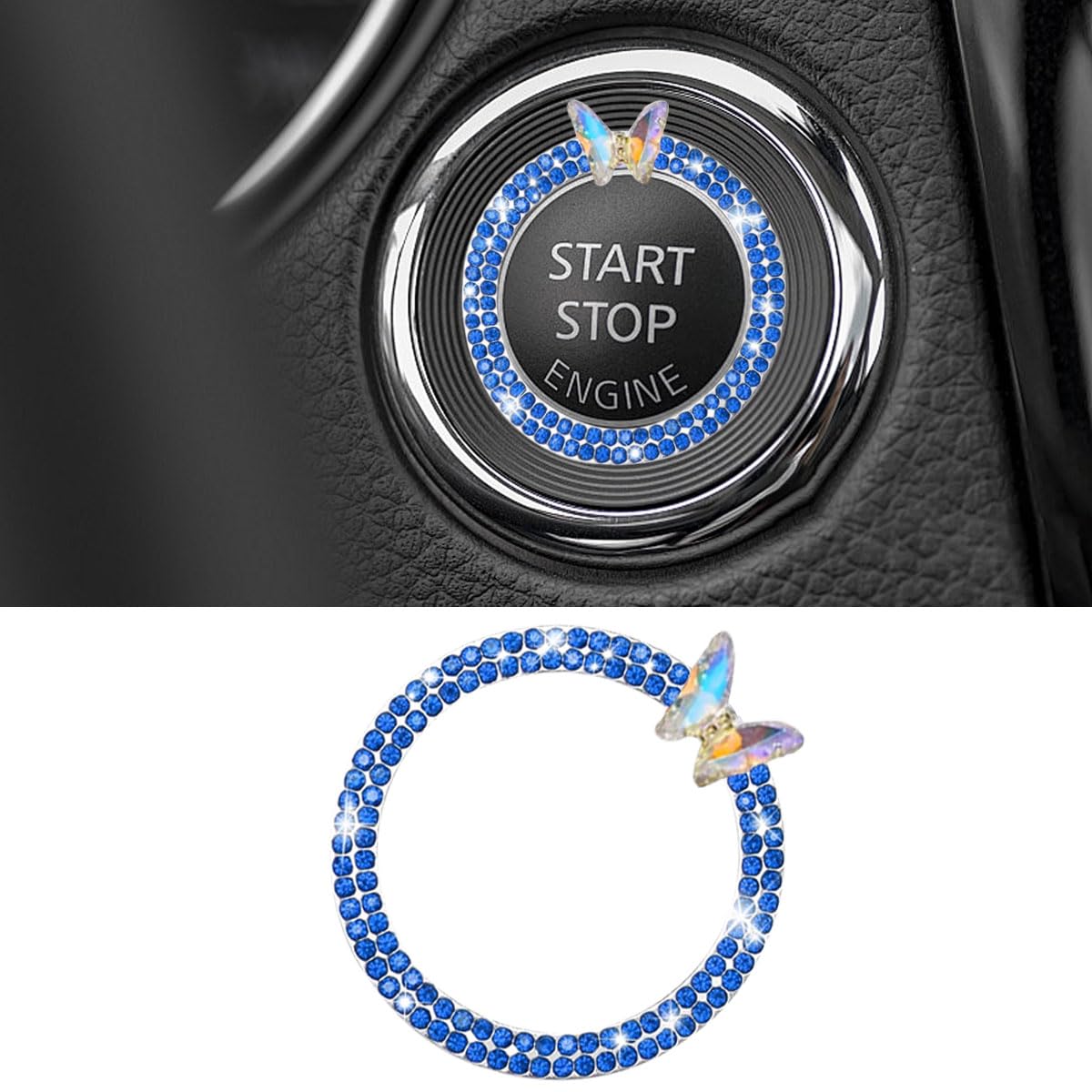 Blue Car Butterfly Bling Ring Emblem - Push Start Button Sticker & Key Ignition Knob Ring Decor - Stylish Car Interior Accessories for Women | Perfect for Customizing Steering Wheel, Gear Shift & Dashboard (Car Decor, Gift Idea)