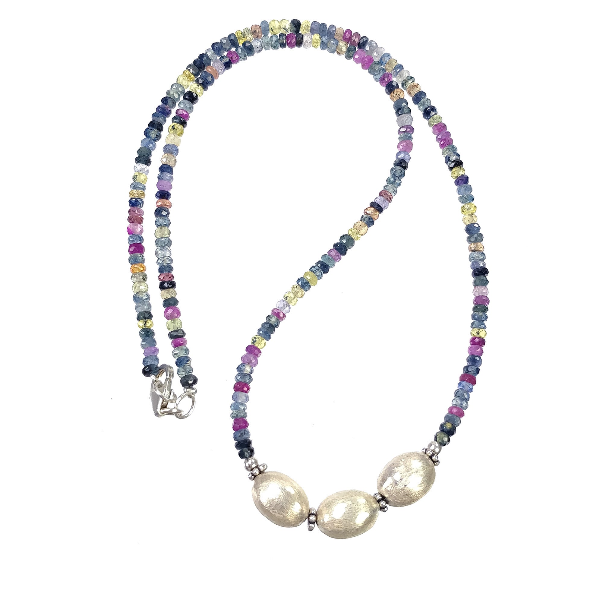 Natural Multi Sapphire Beaded Necklace for Women - 925 Sterling Silver Pendant Chain with Gemstone Beads - Elegant Jewelry Gift (18.5