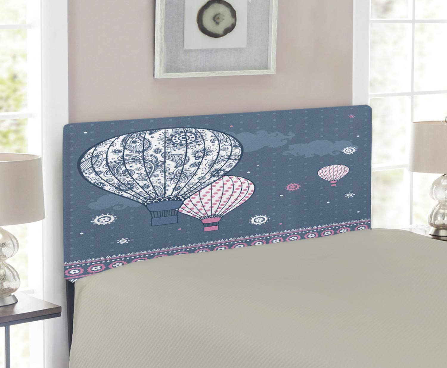 Ambesonne Retro Upholstered Headboard - Air Balloons & Polka Dots Design, Twin Size Slate Blue & Pale Pink Memory Foam Bed Headboard for Bedroom Decor | Perfect for Kids Room, Guest Room & Vintage Style Bedroom