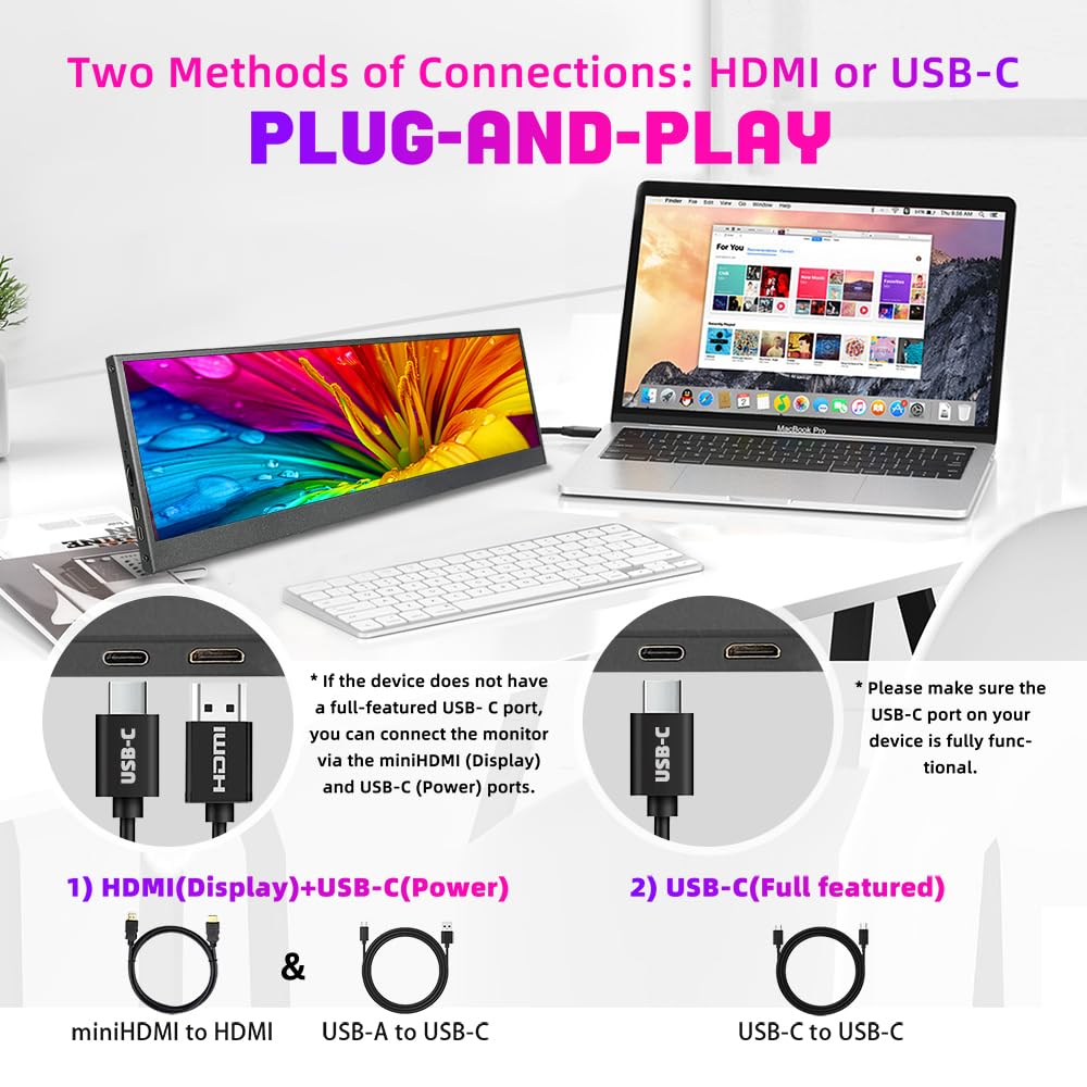 14.1 Inch Ultrawide Portable Monitor - 1920x550 IPS Screen, USB-C & HDMI Connectivity, Secondary Display for PC/Laptop - Perfect for PC Case Monitoring, Gaming, and Multi-Tasking